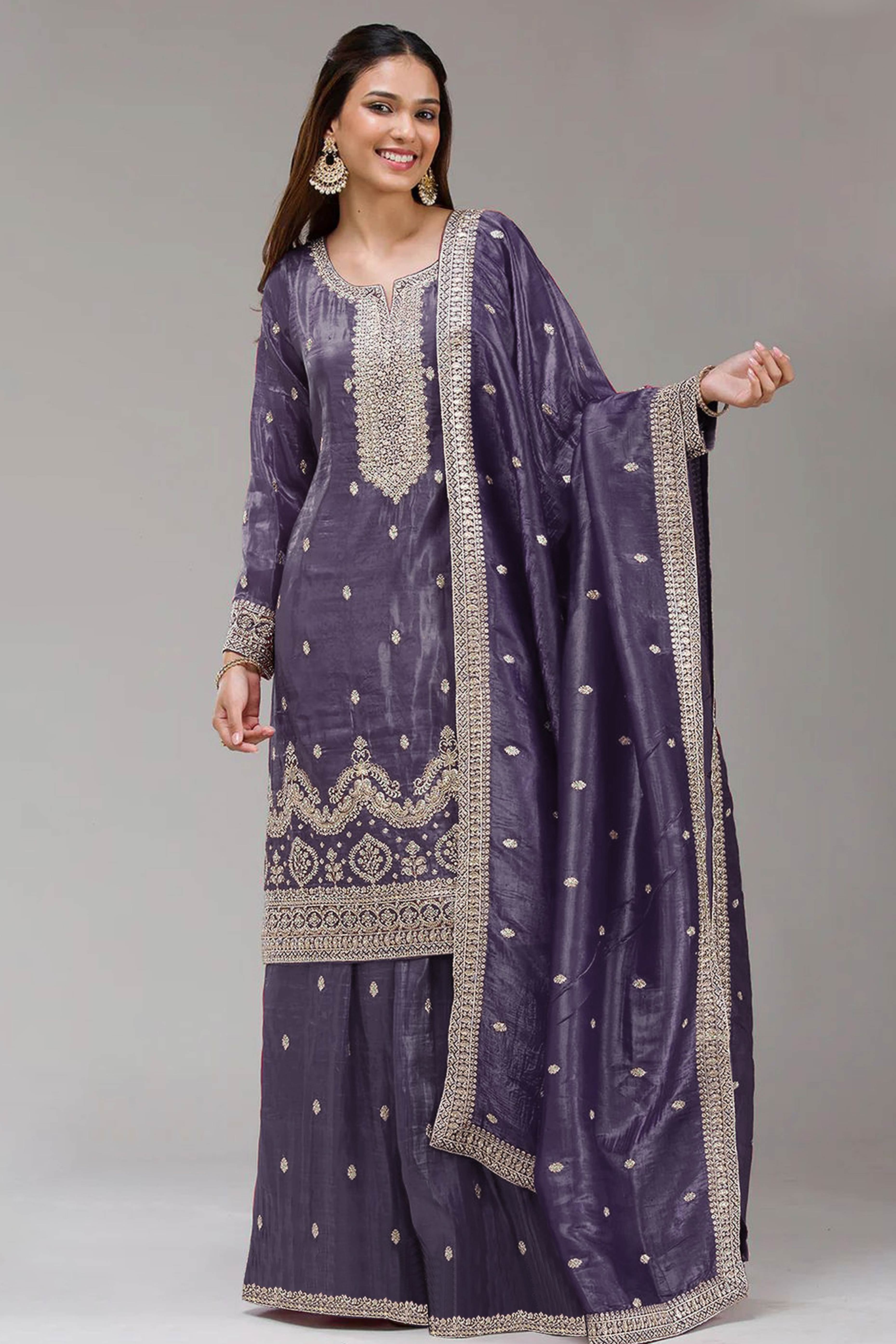 Purple Embroidered Georgette Palazzo Style Semi-Stitched Salwar Suit for Graceful Occasions