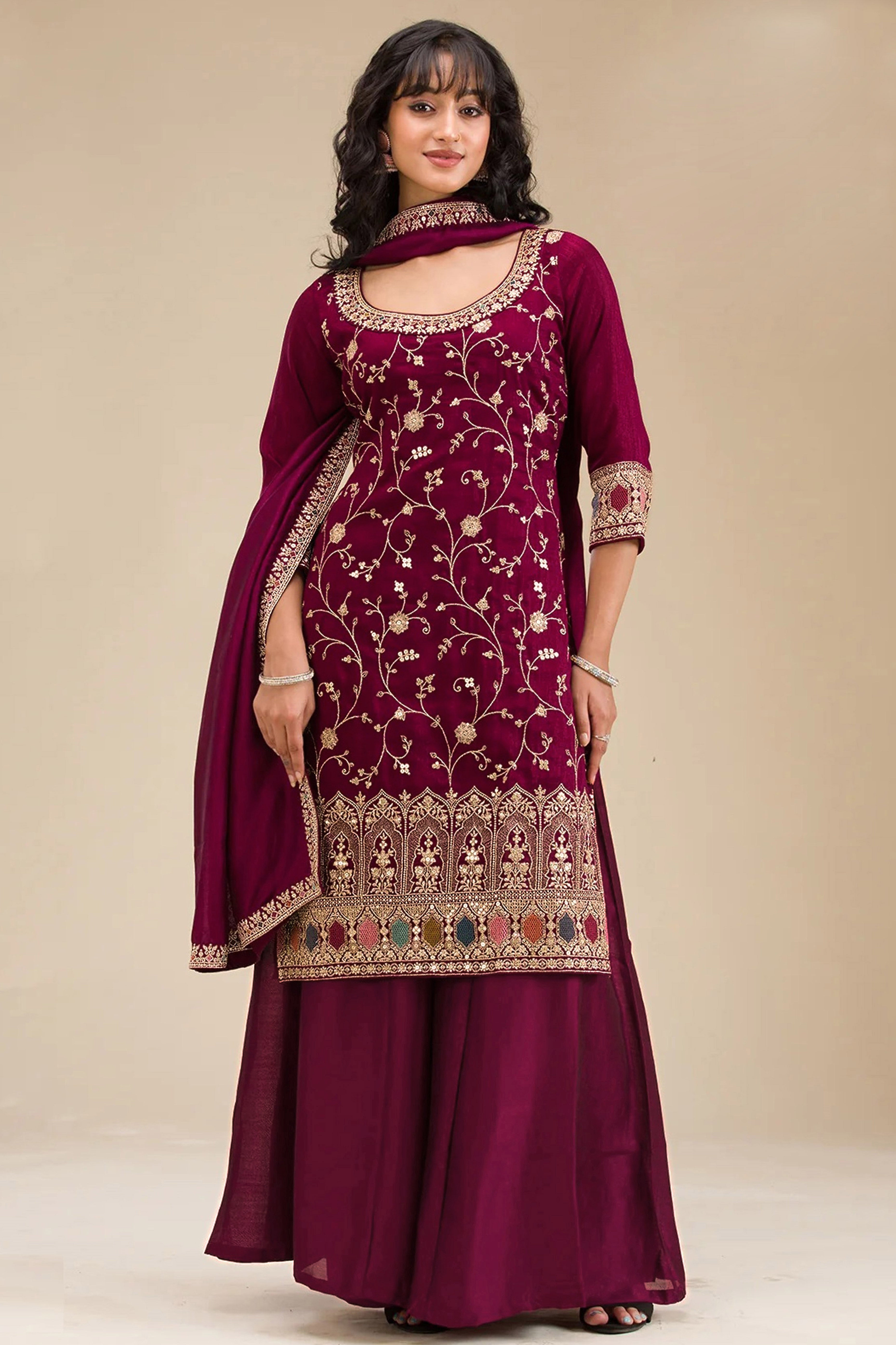 Luxury Maroon Floral Embroidered With Sequins Vichitra Silk Semi Stitched Pakistani Salwar Suit