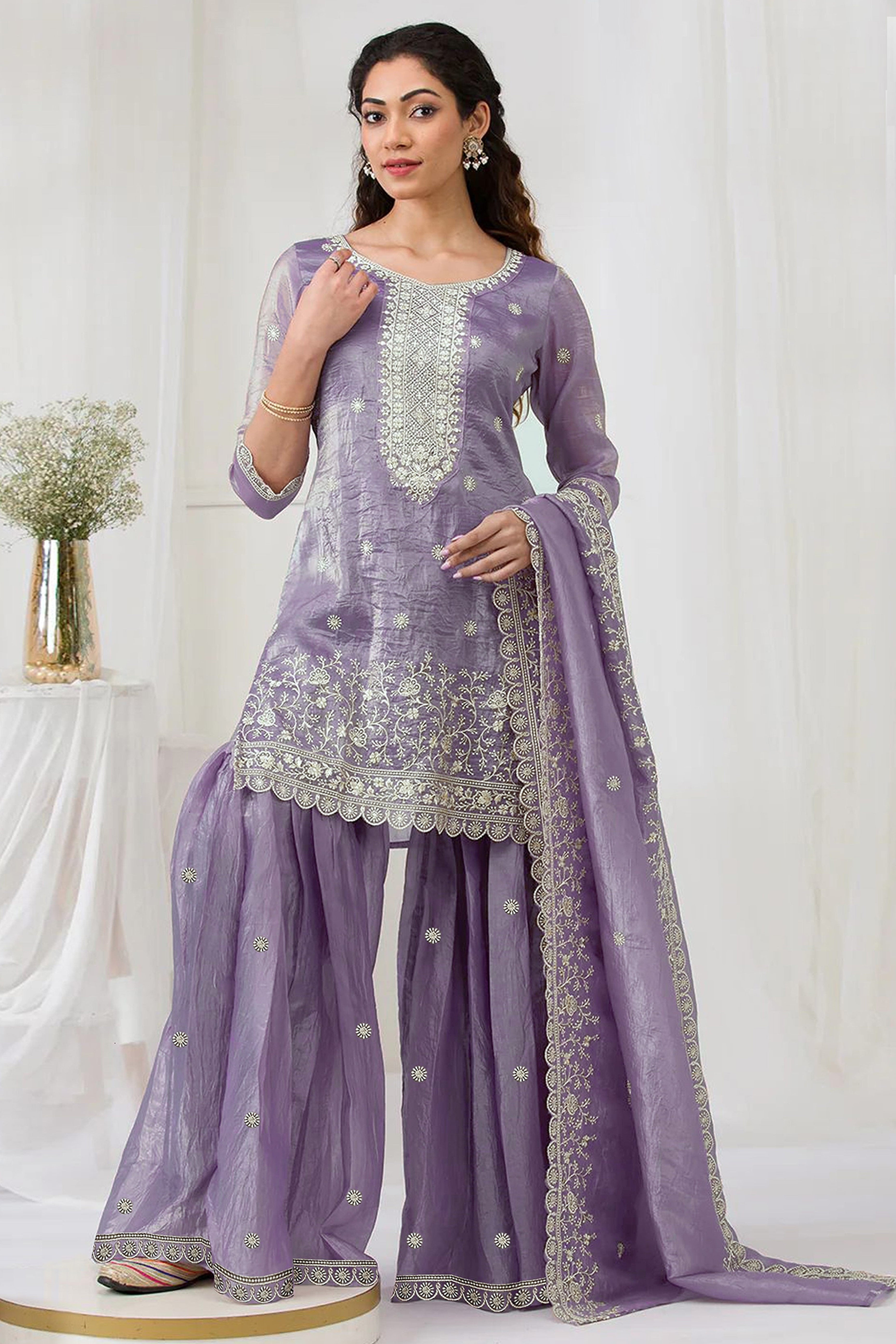 Lavender Elegant Embroidered Georgette Semi-Stitched Salwar Suit with Stylish Palazzo Bottoms