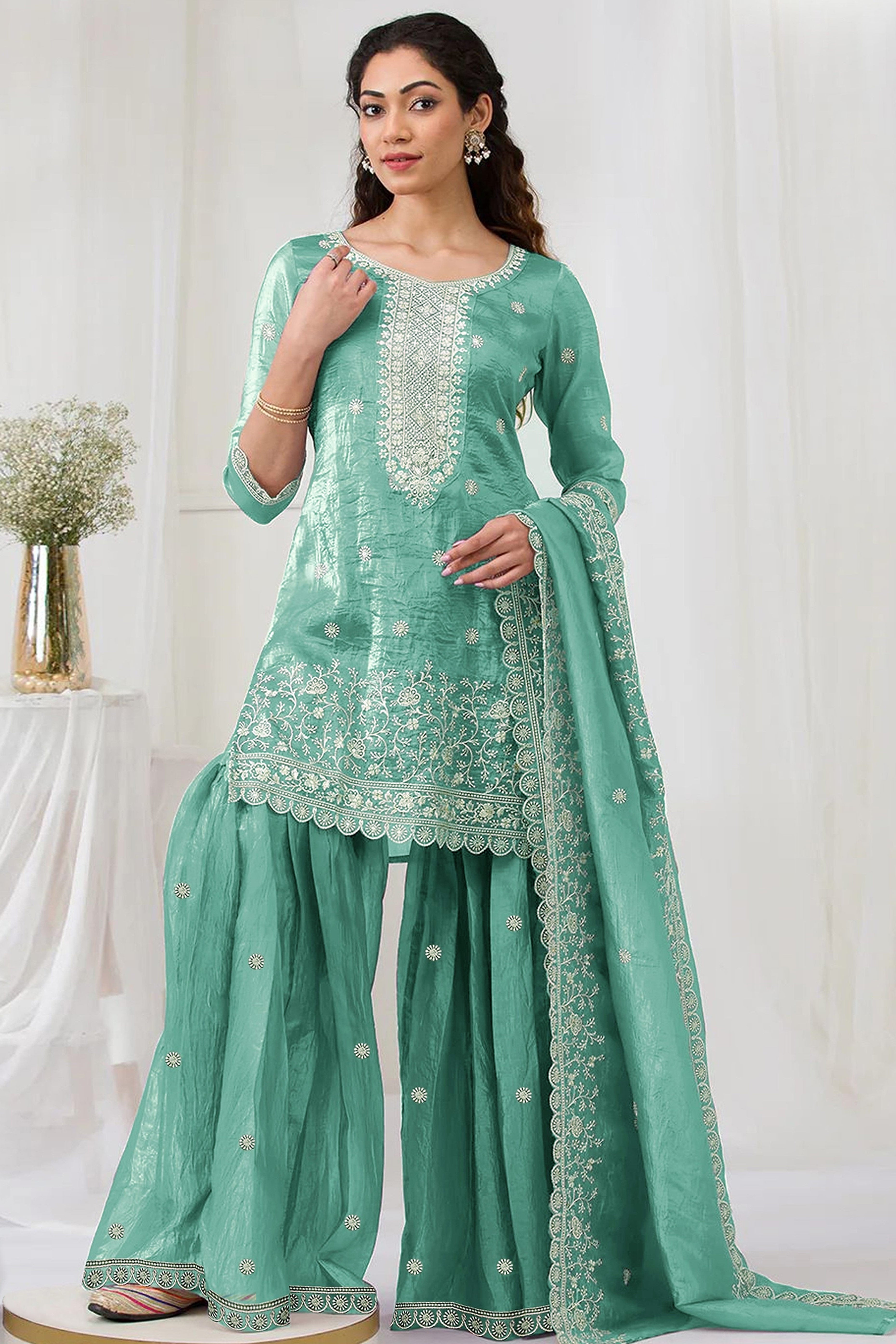 Turquoise Elegant Embroidered Georgette Semi-Stitched Salwar Suit with Stylish Palazzo Bottoms