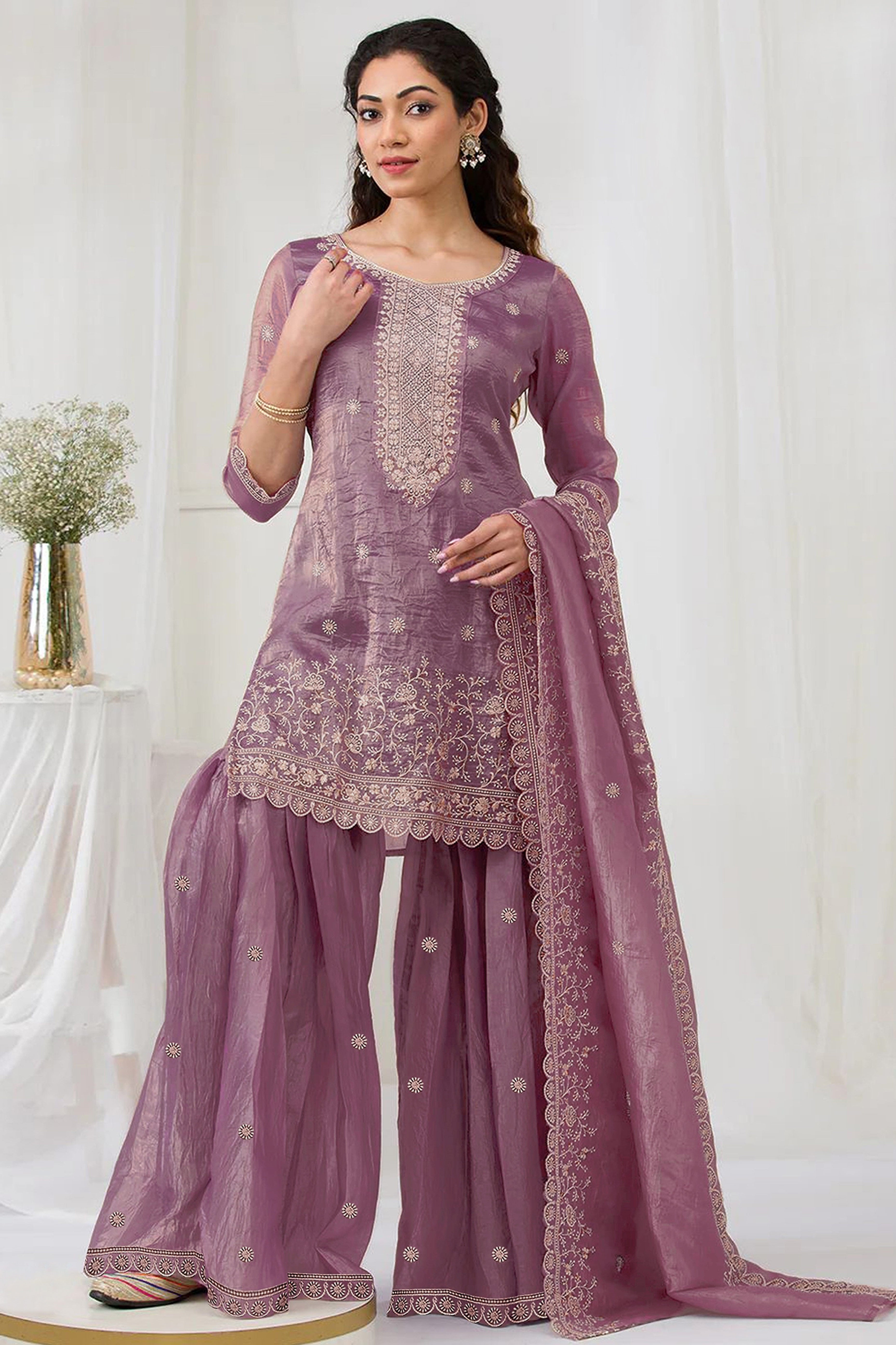 Mauve Elegant Embroidered Georgette Semi-Stitched Salwar Suit with Stylish Palazzo Bottoms