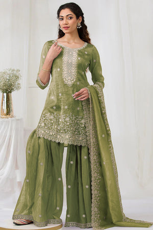 Green Elegant Embroidered Georgette Semi-Stitched Salwar Suit with Stylish Palazzo Bottoms