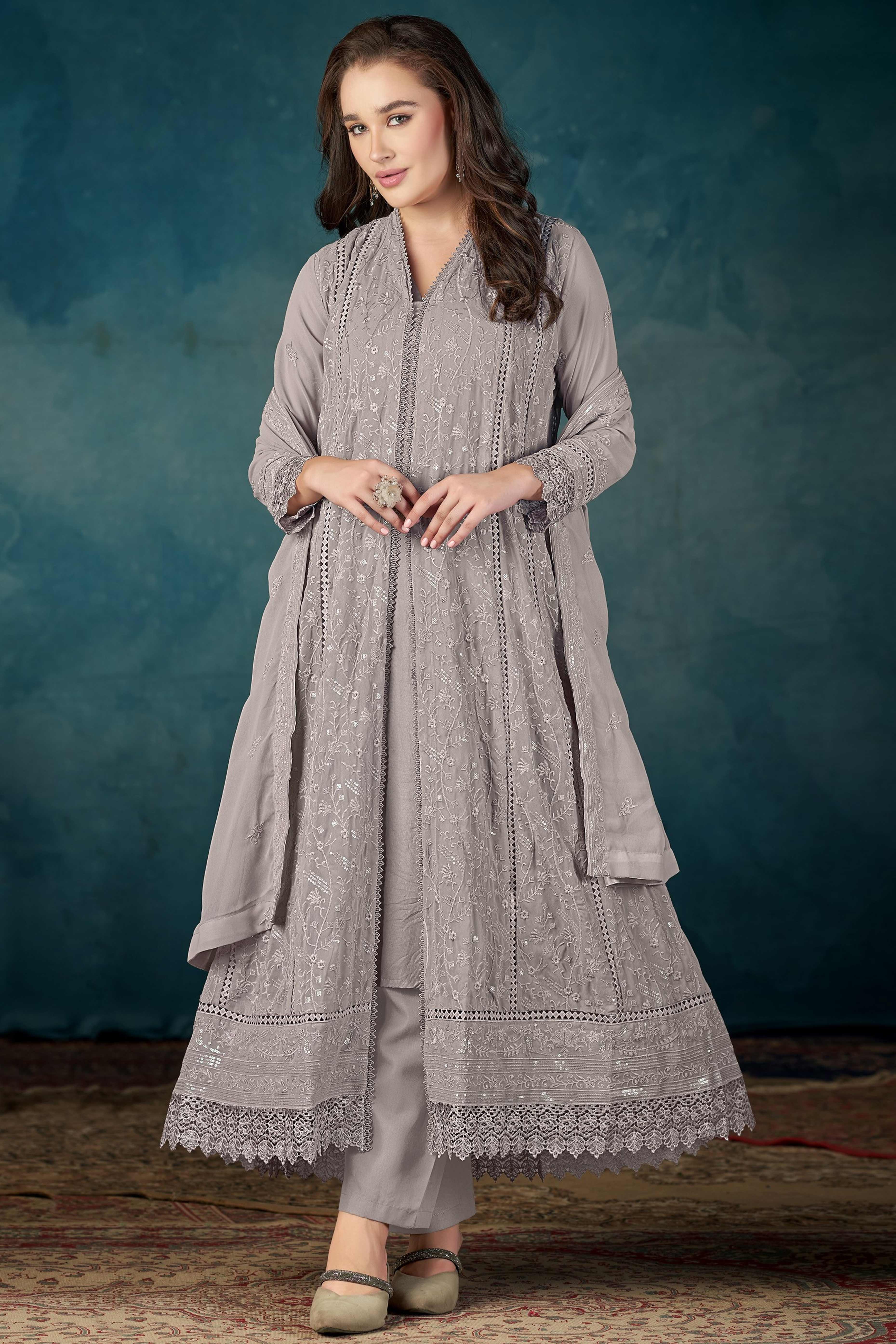 Beautiful Grey Embroidered Pakistani Style Semi-Stitched Salwar Suit in Soft Georgette Fabric
