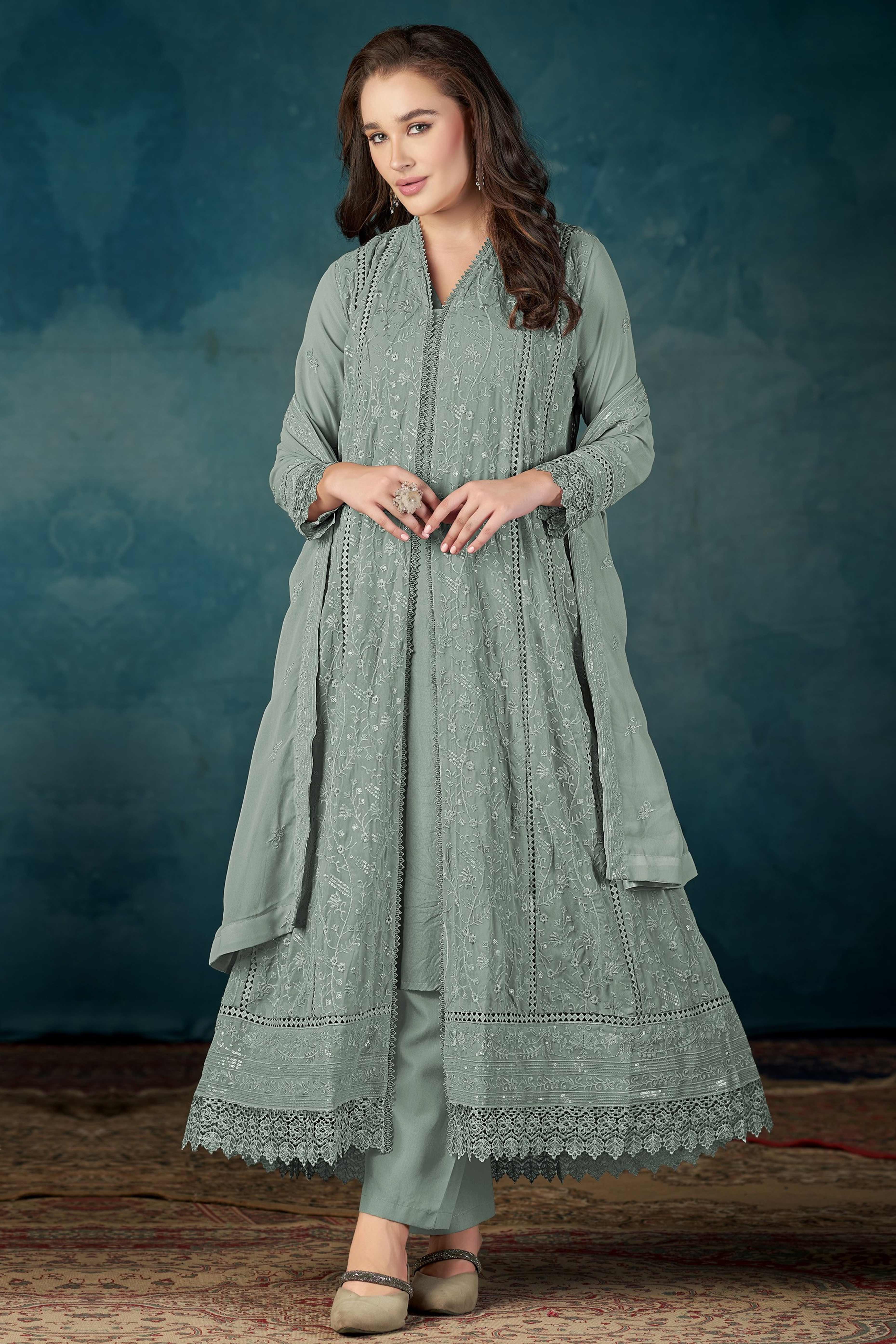 Beautiful Sage Green Embroidered Pakistani Style Semi-Stitched Salwar Suit in Soft Georgette Fabric