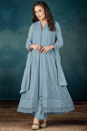 Beautiful Light Blue Embroidered Pakistani Style Semi-Stitched Salwar Suit in Soft Georgette Fabric