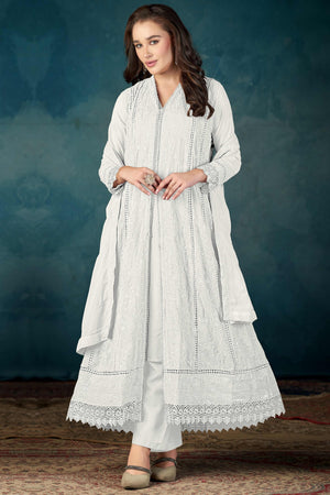 Beautiful White Embroidered Pakistani Style Semi-Stitched Salwar Suit in Soft Georgette Fabric