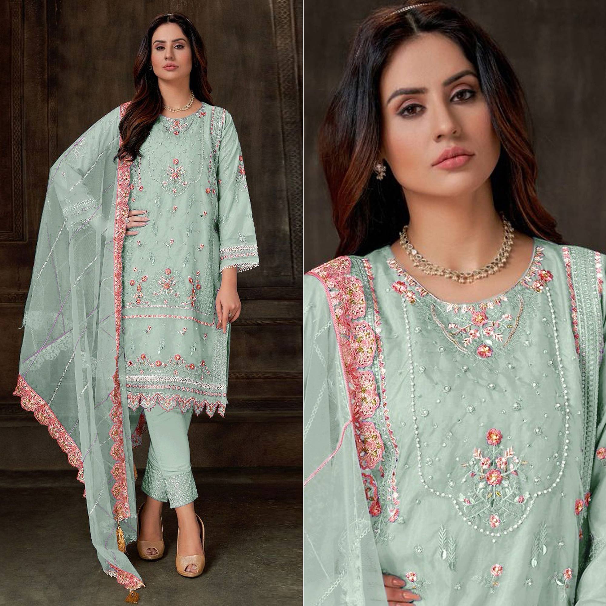 Light Green Floral Embroidered Georgette Pakistani Semi Stitched Dress Material