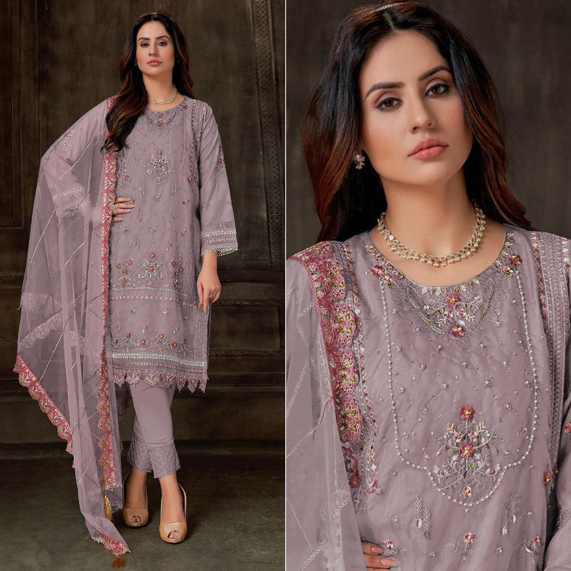 Mauve Floral Embroidered Georgette Pakistani Semi Stitched Dress Material