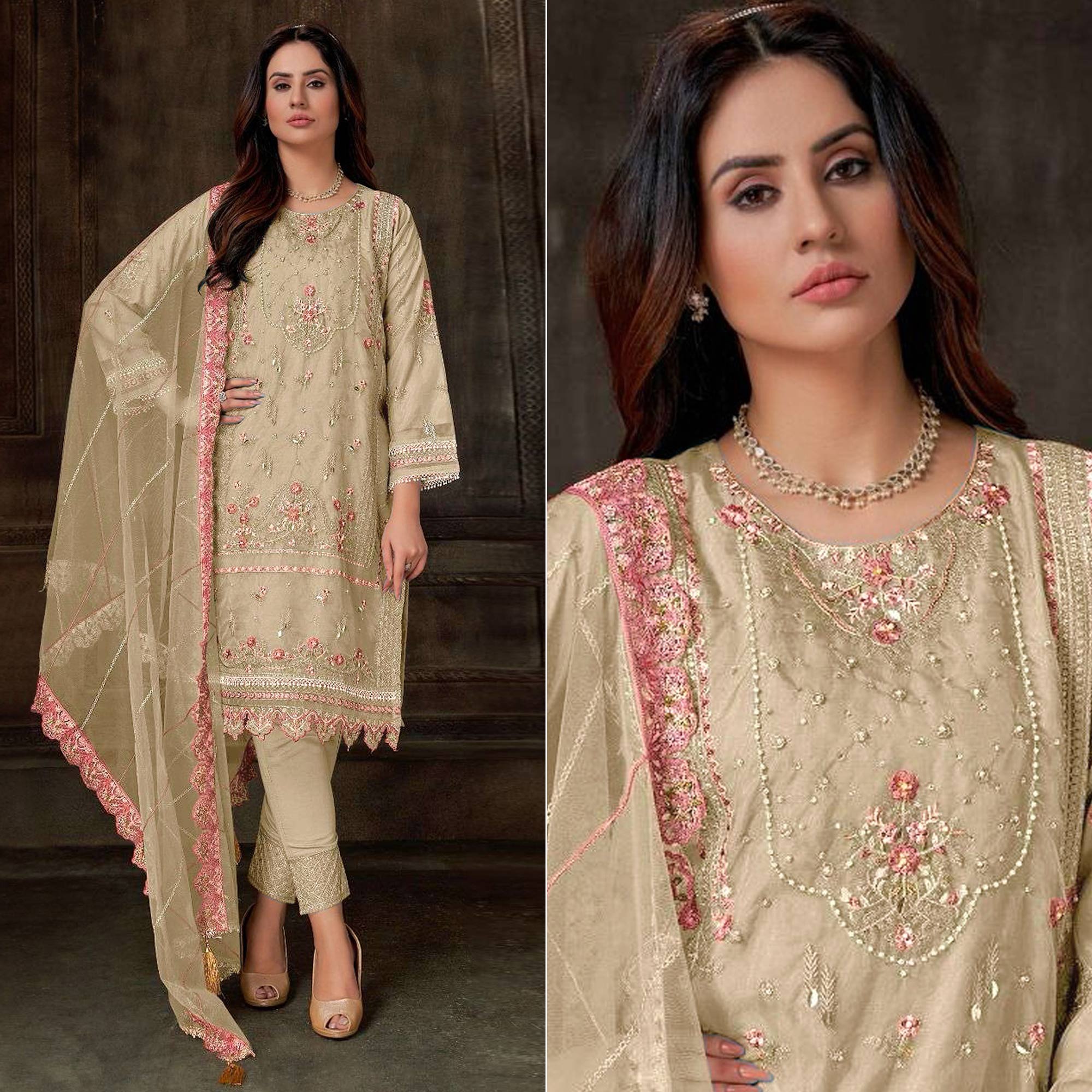 Cream Floral Embroidered Georgette Pakistani Semi Stitched Dress Material