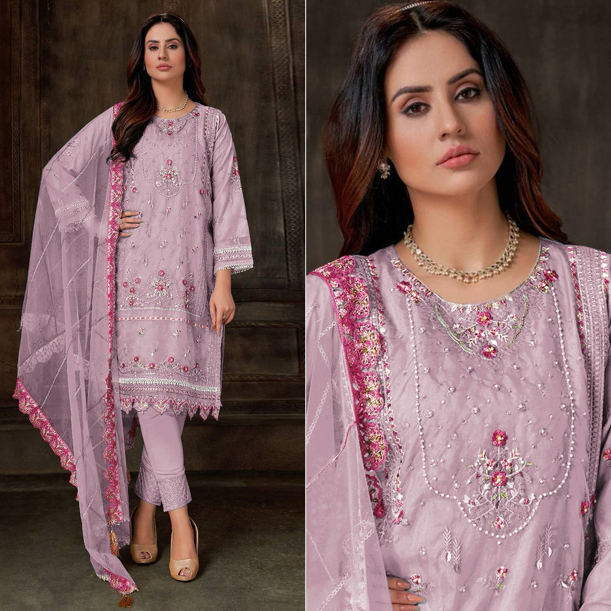 Purple Floral Embroidered Georgette Pakistani Semi Stitched Dress Material