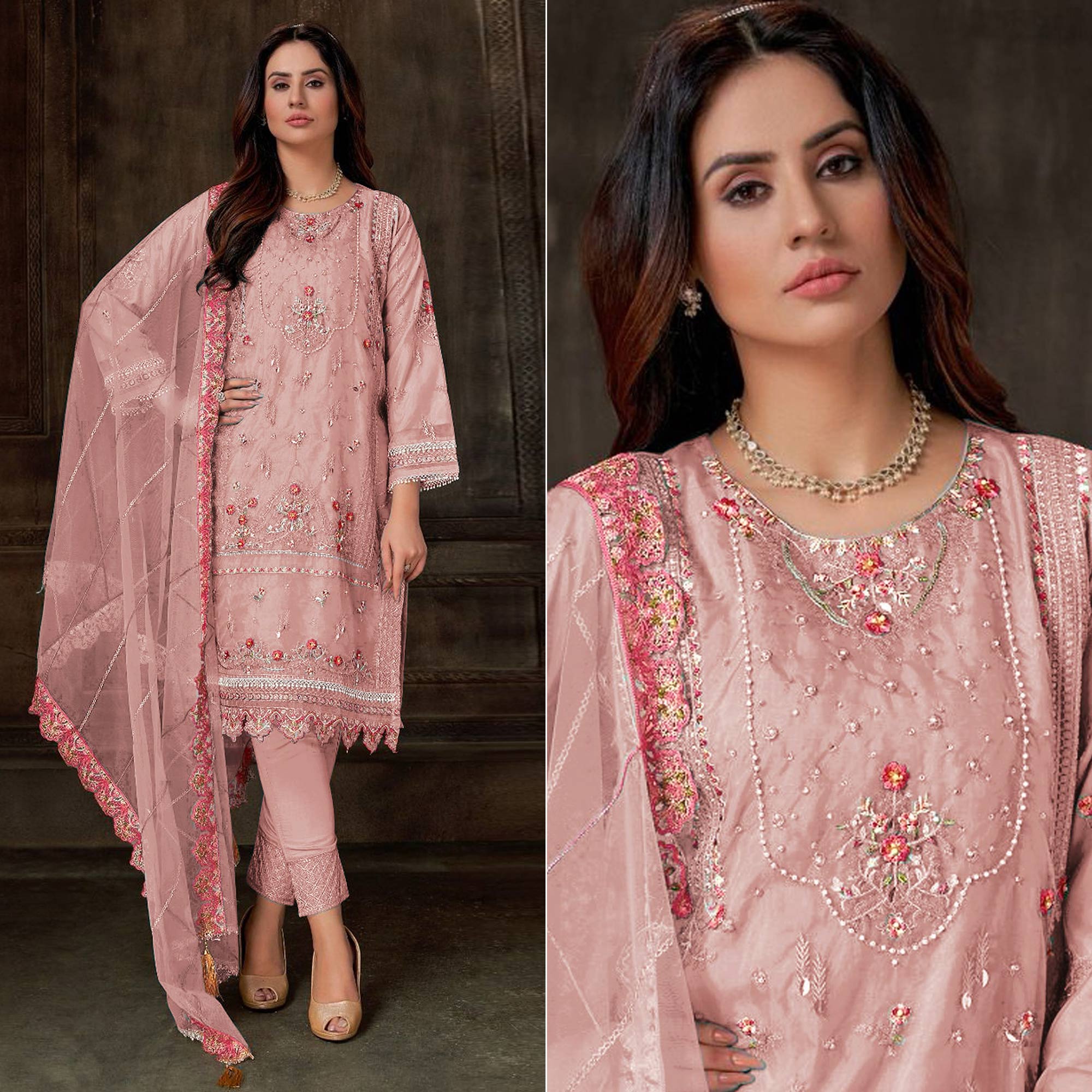 Peach Floral Embroidered Georgette Pakistani Semi Stitched Dress Material