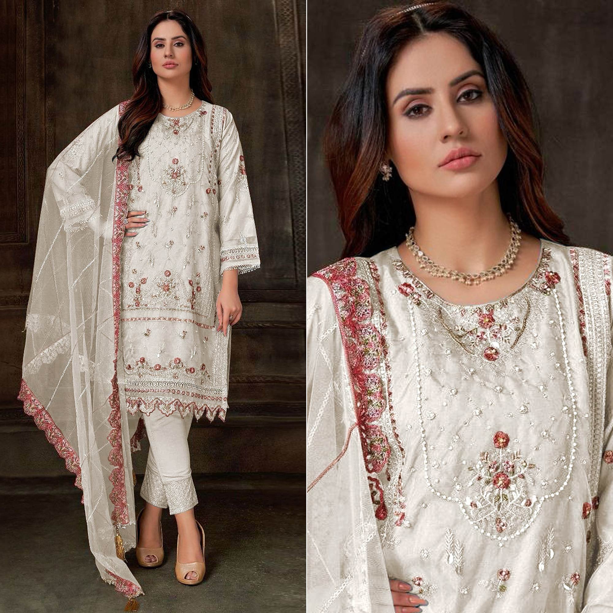 Off white Floral Embroidered Georgette Pakistani Semi Stitched Dress Material