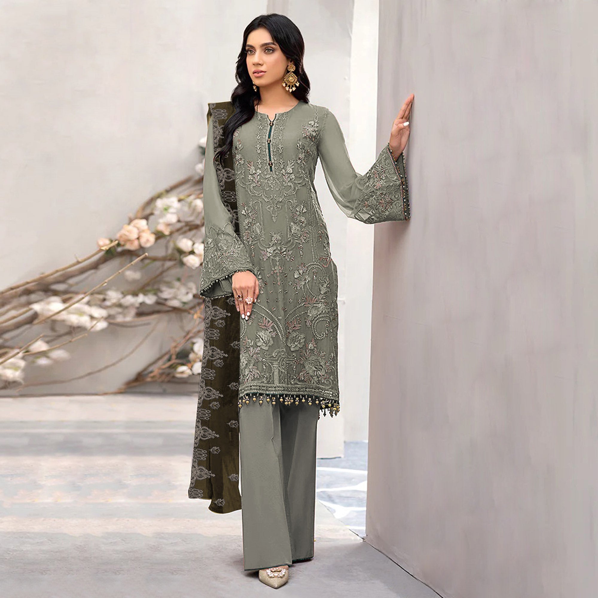 Green Floral Embroidered Georgette Semi Stitched Pakistani Suit