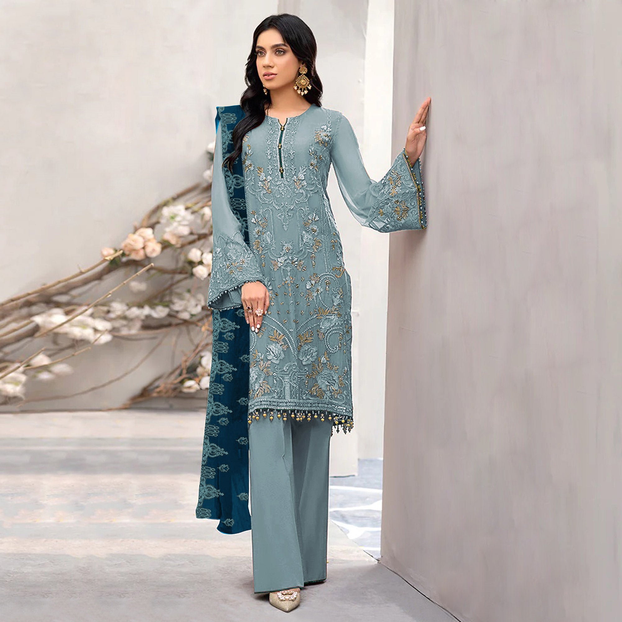 Blue Floral Embroidered Georgette Semi Stitched Pakistani Suit