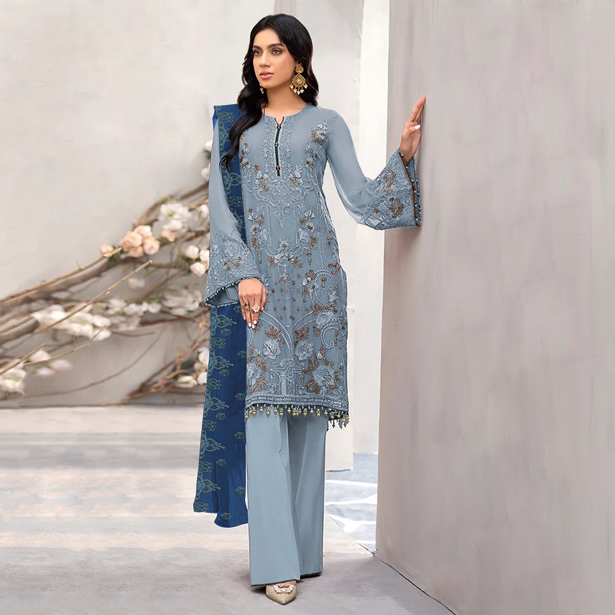Sky Blue Floral Embroidered Georgette Semi Stitched Pakistani Suit
