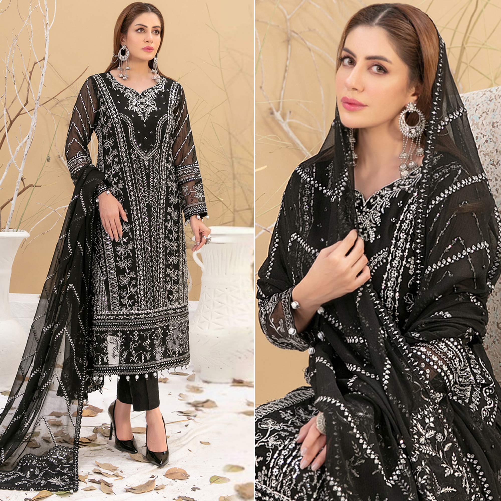 Black Floral Embroidered Georgette Semi Stitched Pakistani Suit