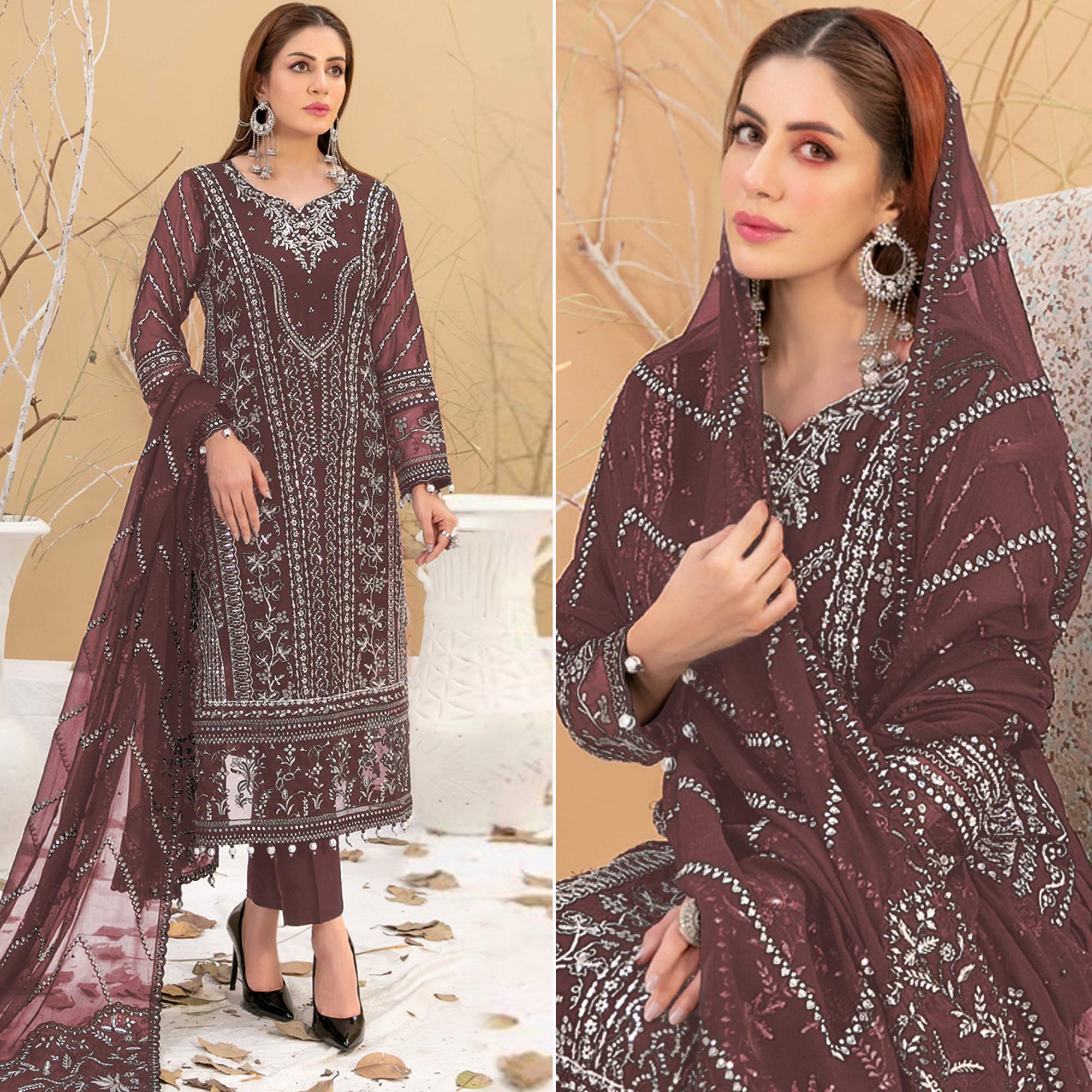 Brown Floral Embroidered Georgette Semi Stitched Pakistani Suit