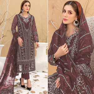 Brown Floral Embroidered Georgette Semi Stitched Pakistani Suit