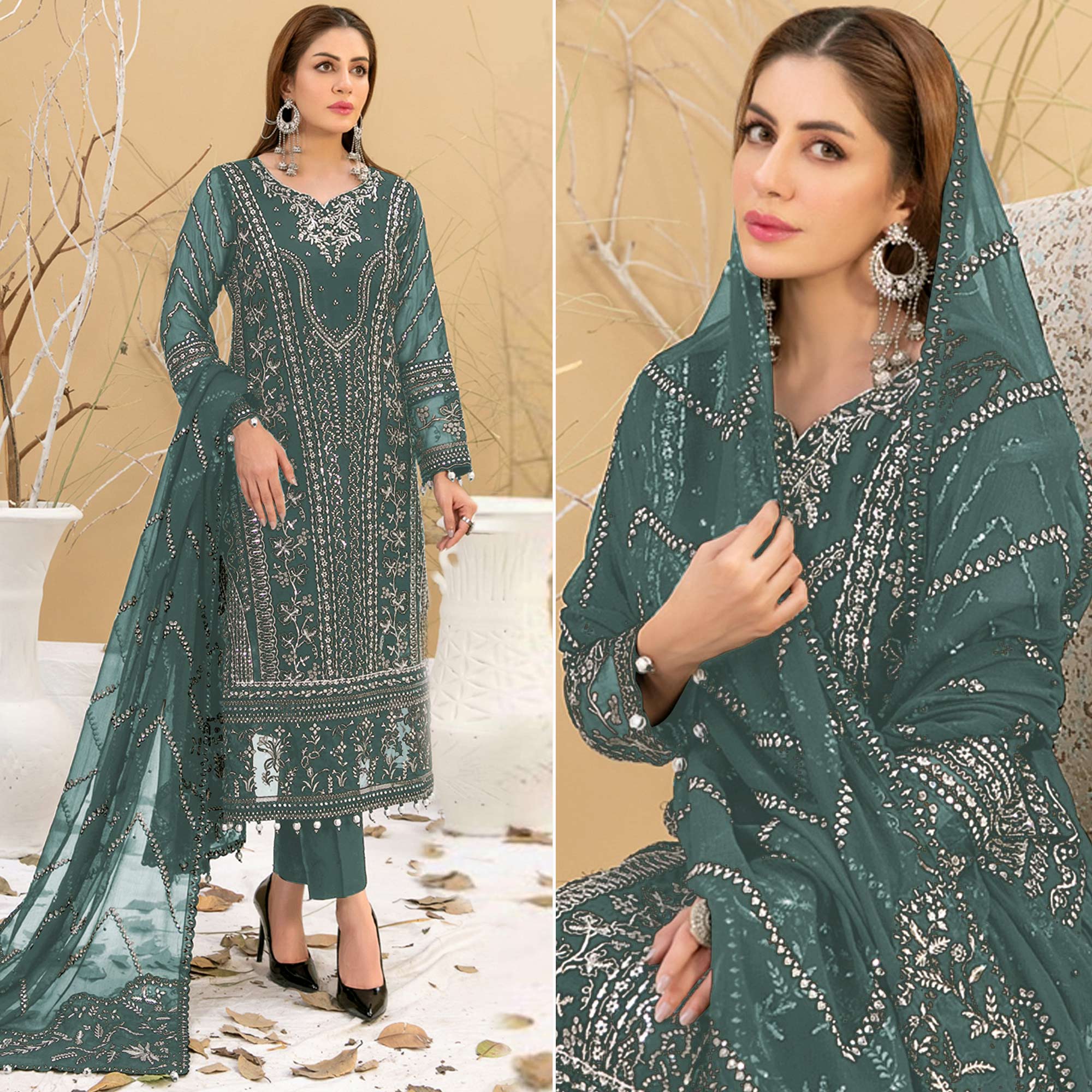 Green Floral Embroidered Georgette Semi Stitched Pakistani Suit