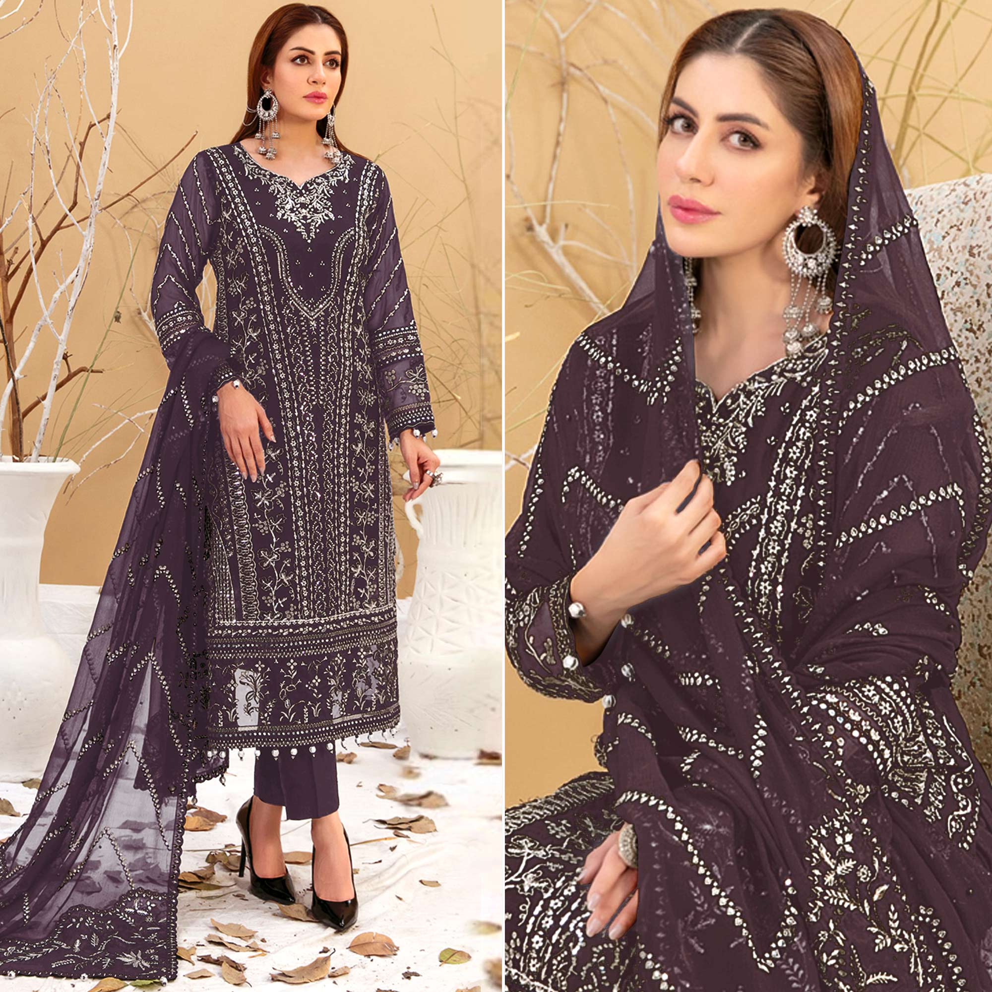 Dark Wine Floral Embroidered Georgette Semi Stitched Pakistani Suit
