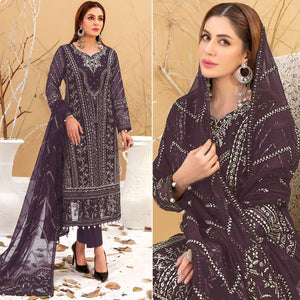 Dark Wine Floral Embroidered Georgette Semi Stitched Pakistani Suit