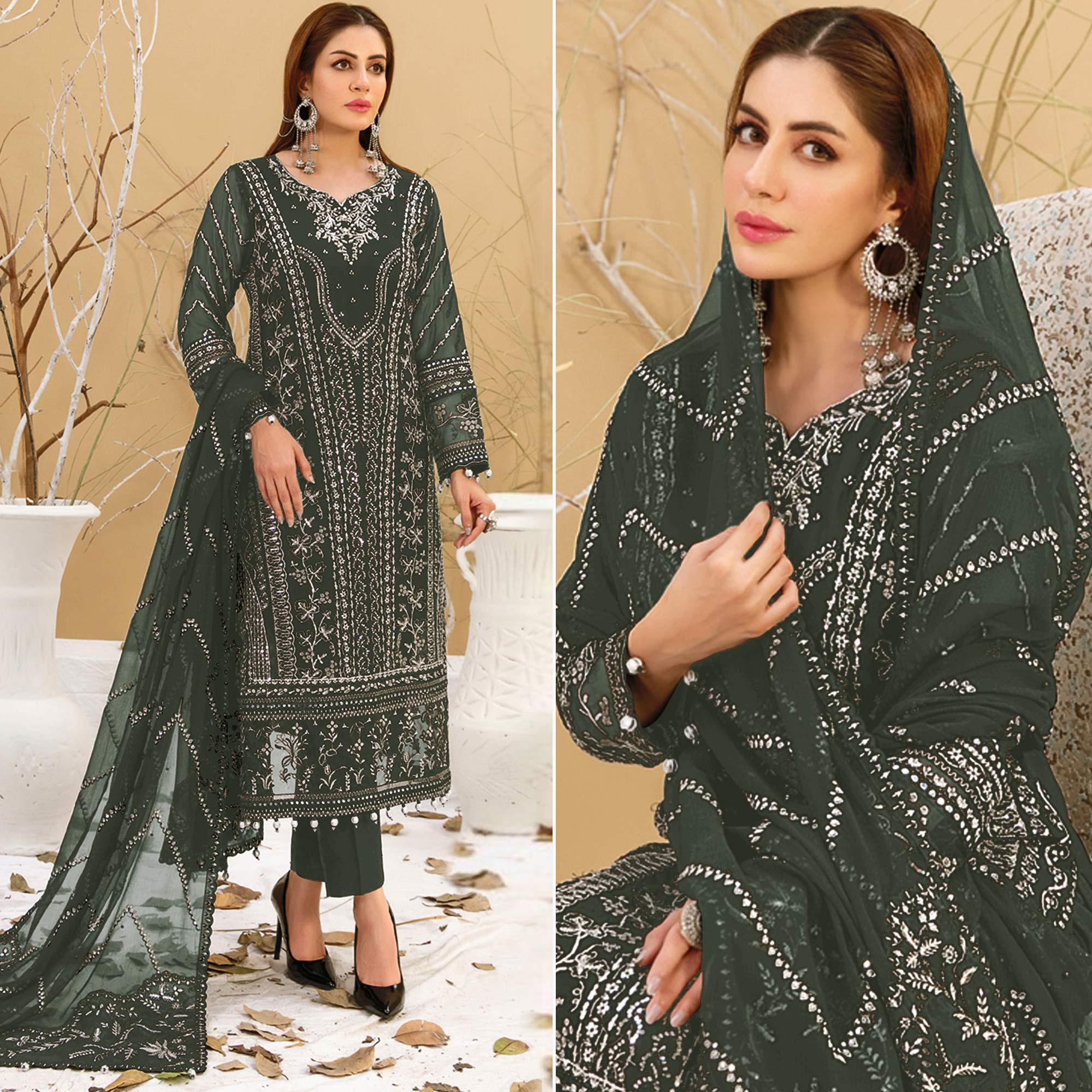 Mehendi Green Floral Embroidered Georgette Semi Stitched Pakistani Suit