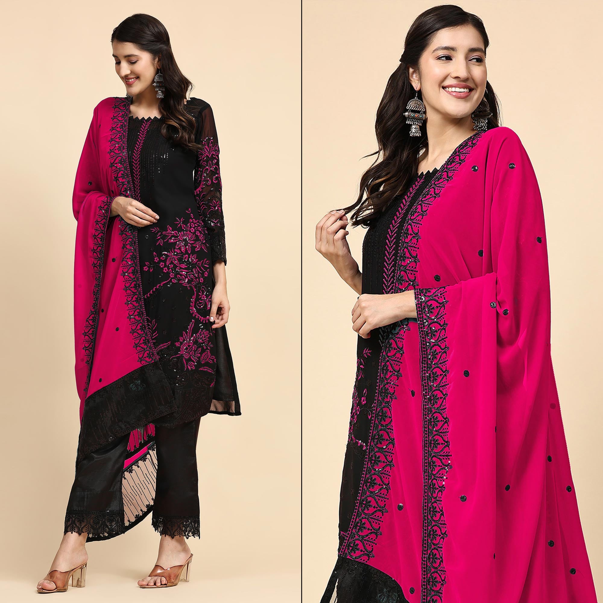 Black & Pink Floral Embroidered Georgette Semi Stitched Pakistani Suit