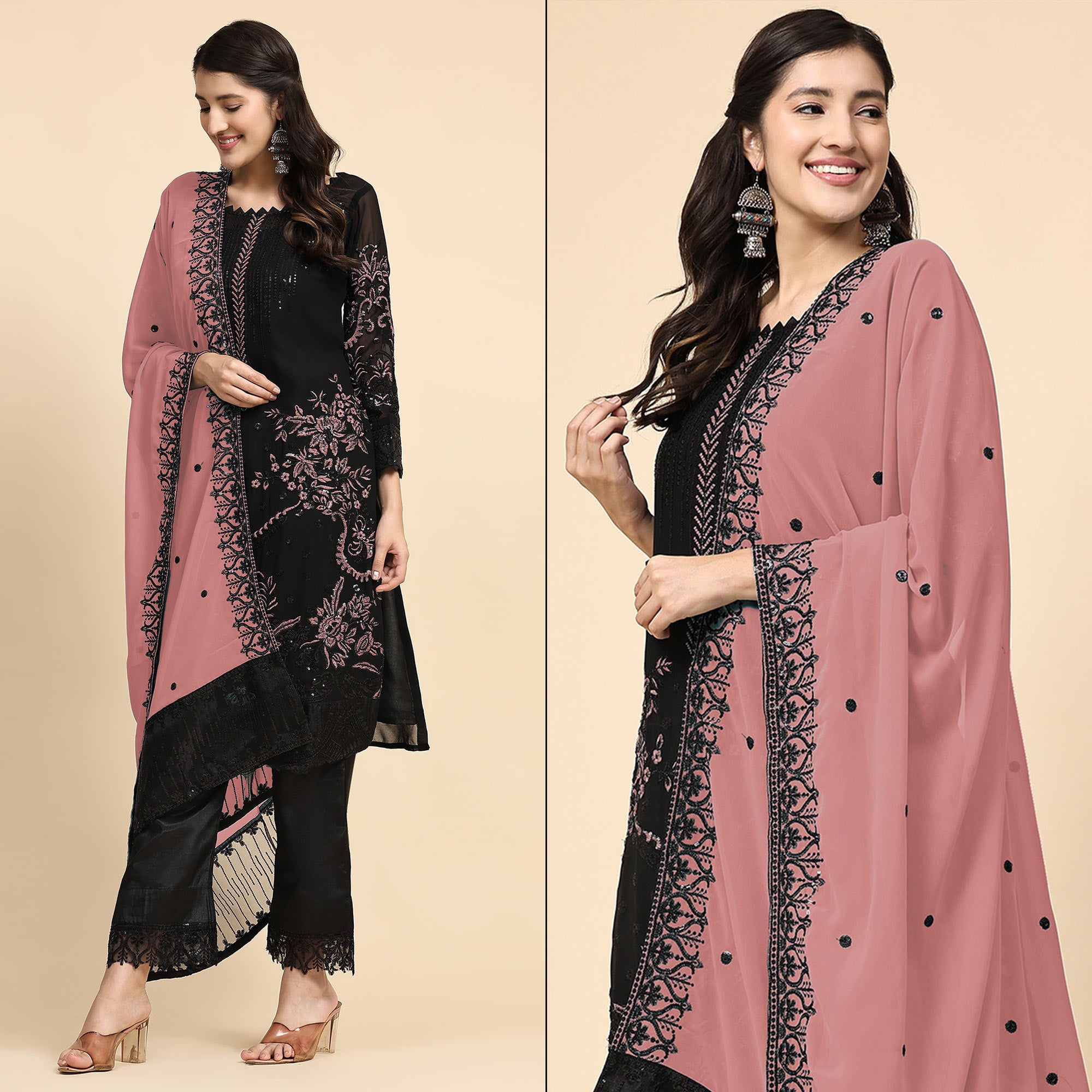 Black & Peach Floral Embroidered Georgette Semi Stitched Pakistani Suit