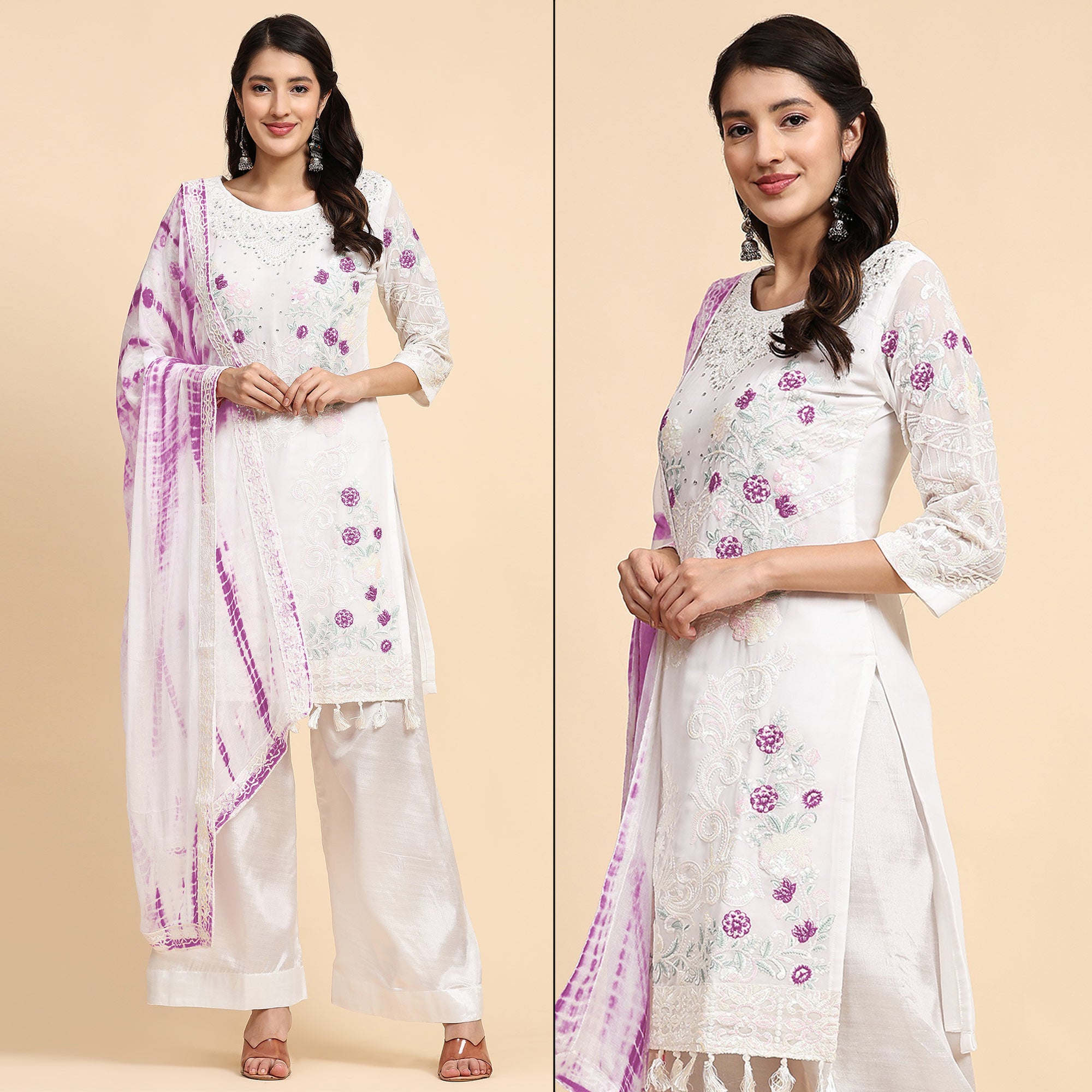 White & Purple Floral Sequins Embroidered Georgette Semi Stitched Pakistani Suit