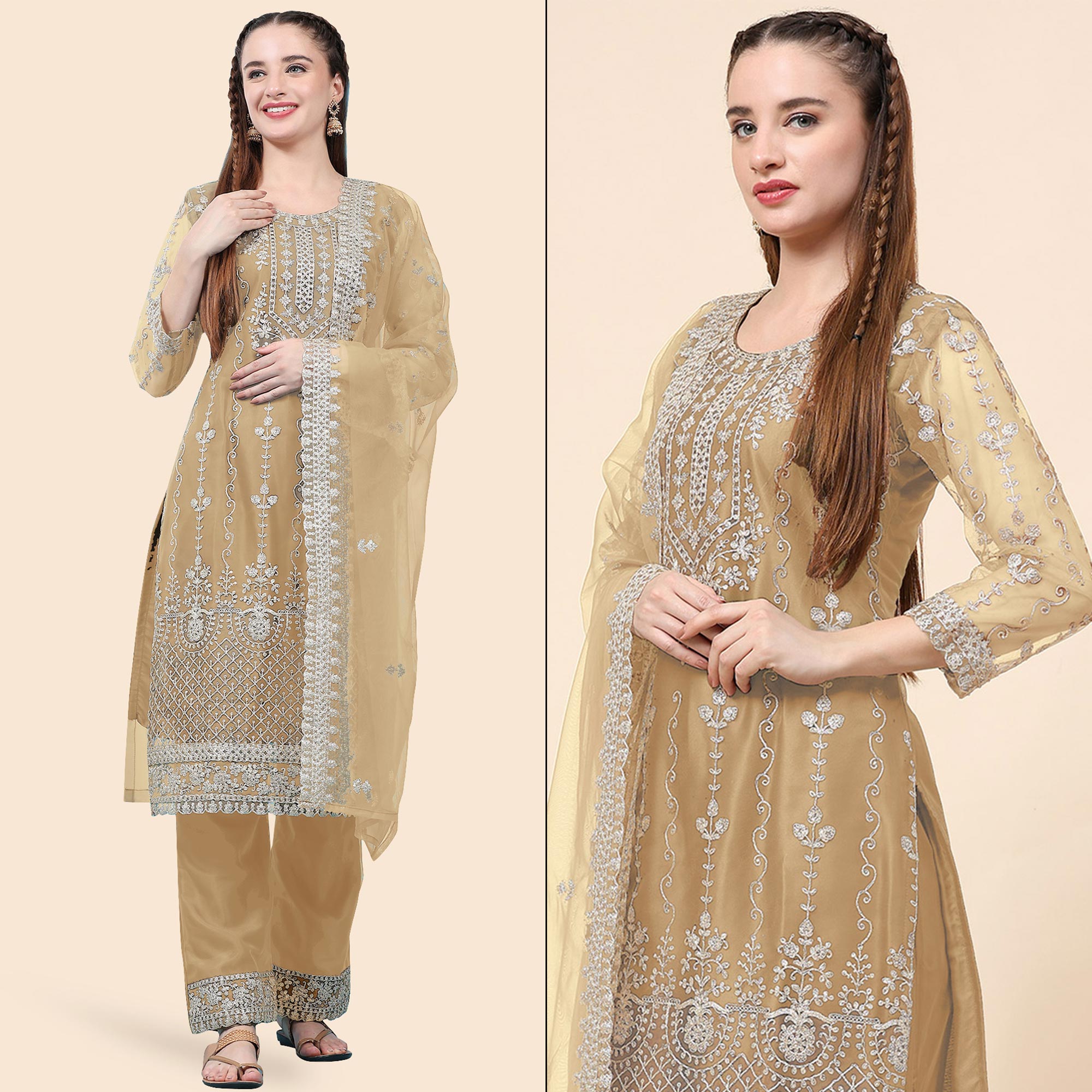 Beige Sequins Embroidered Net Semi Stitched Pakistani Suit