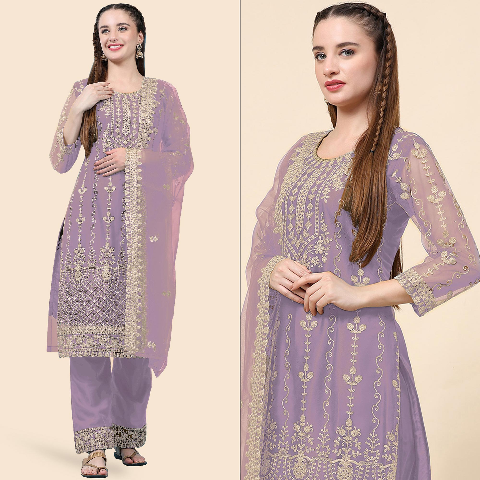 Violet Sequins Embroidered Net Semi Stitched Pakistani Suit
