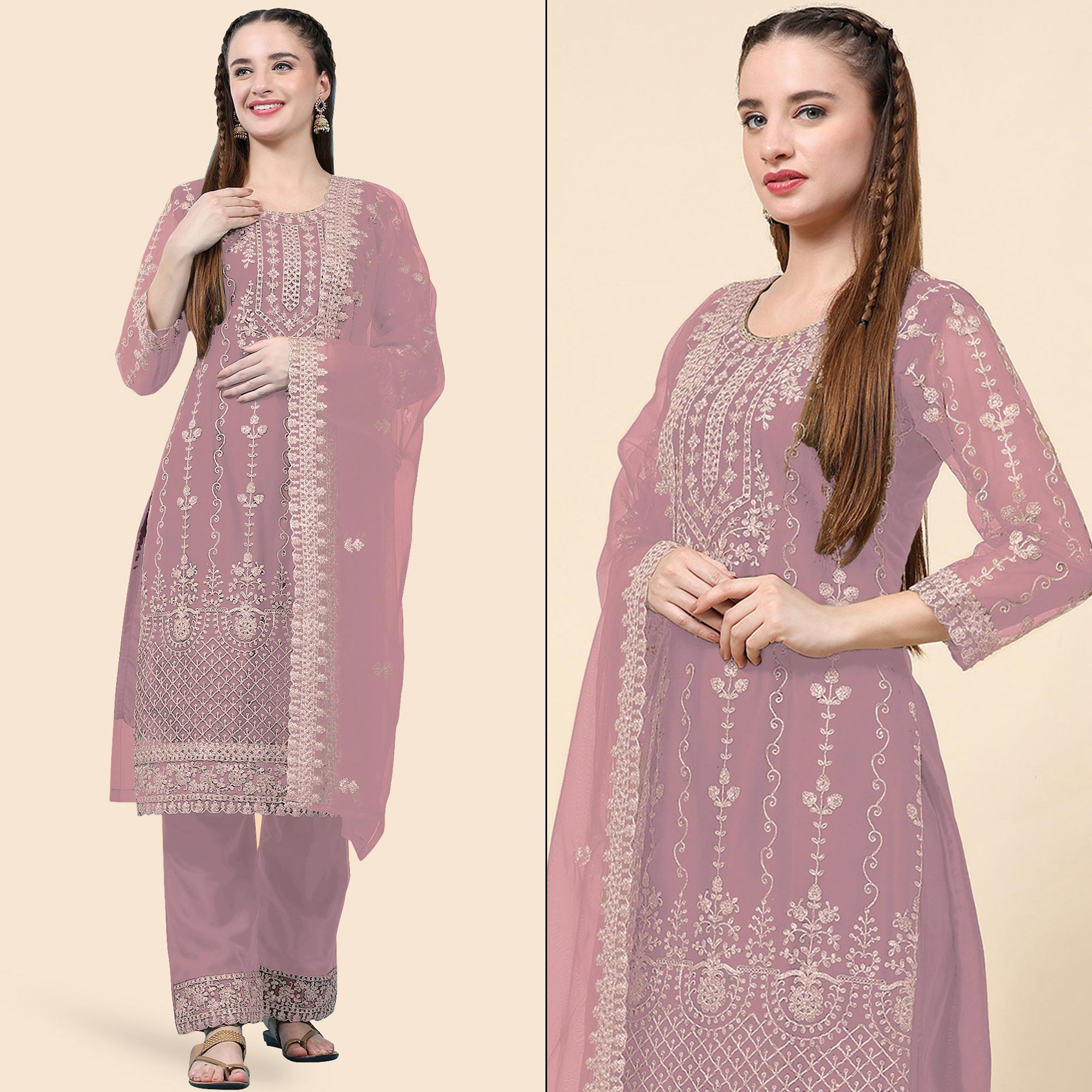 Pastel Pink Sequins Embroidered Net Semi Stitched Pakistani Suit
