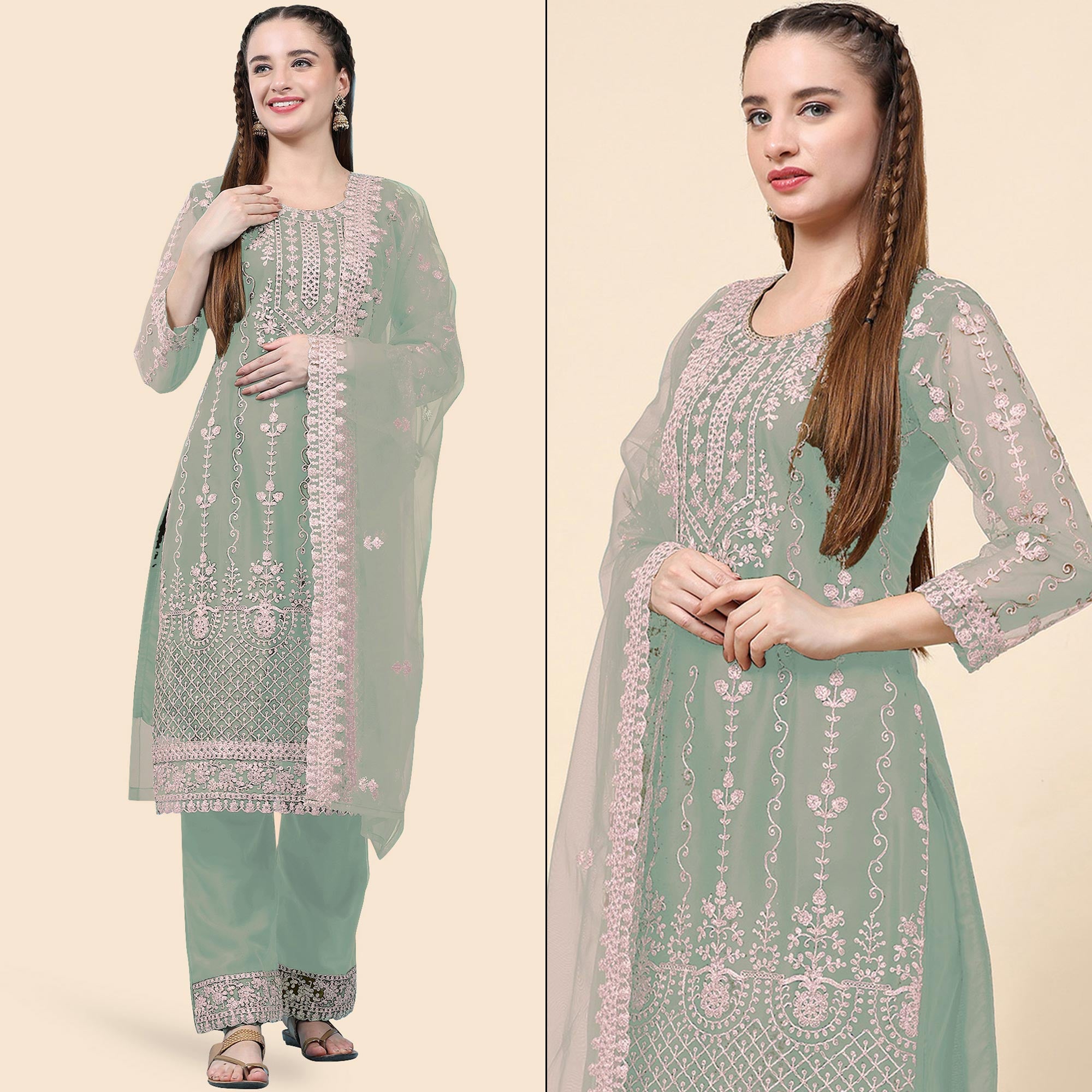 Green Sequins Embroidered Net Semi Stitched Pakistani Suit