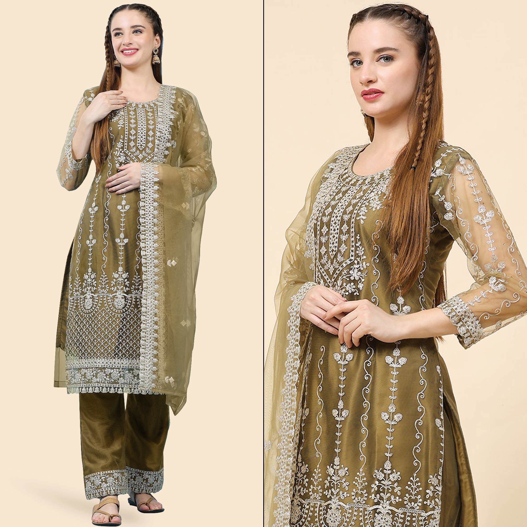 Mehndi Green Sequins Embroidered Net Semi Stitched Pakistani Suit