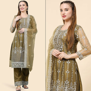 Mehndi Green Sequins Embroidered Net Semi Stitched Pakistani Suit