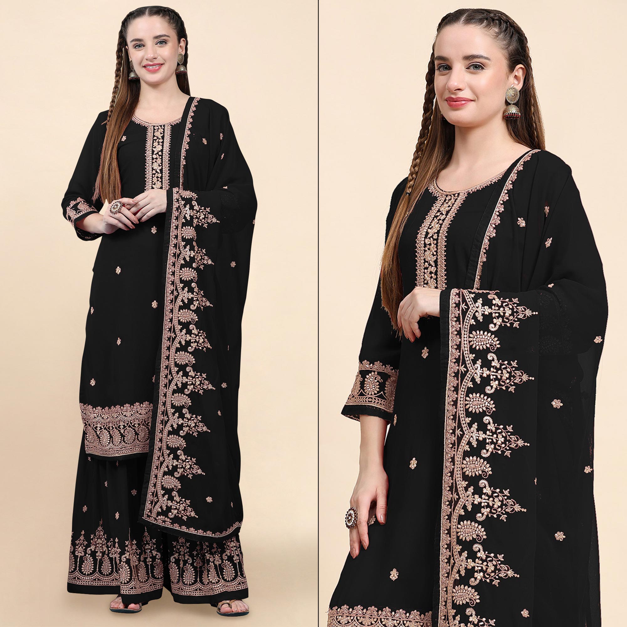 Black Floral Embroidered Georgette Semi Stitched Suit