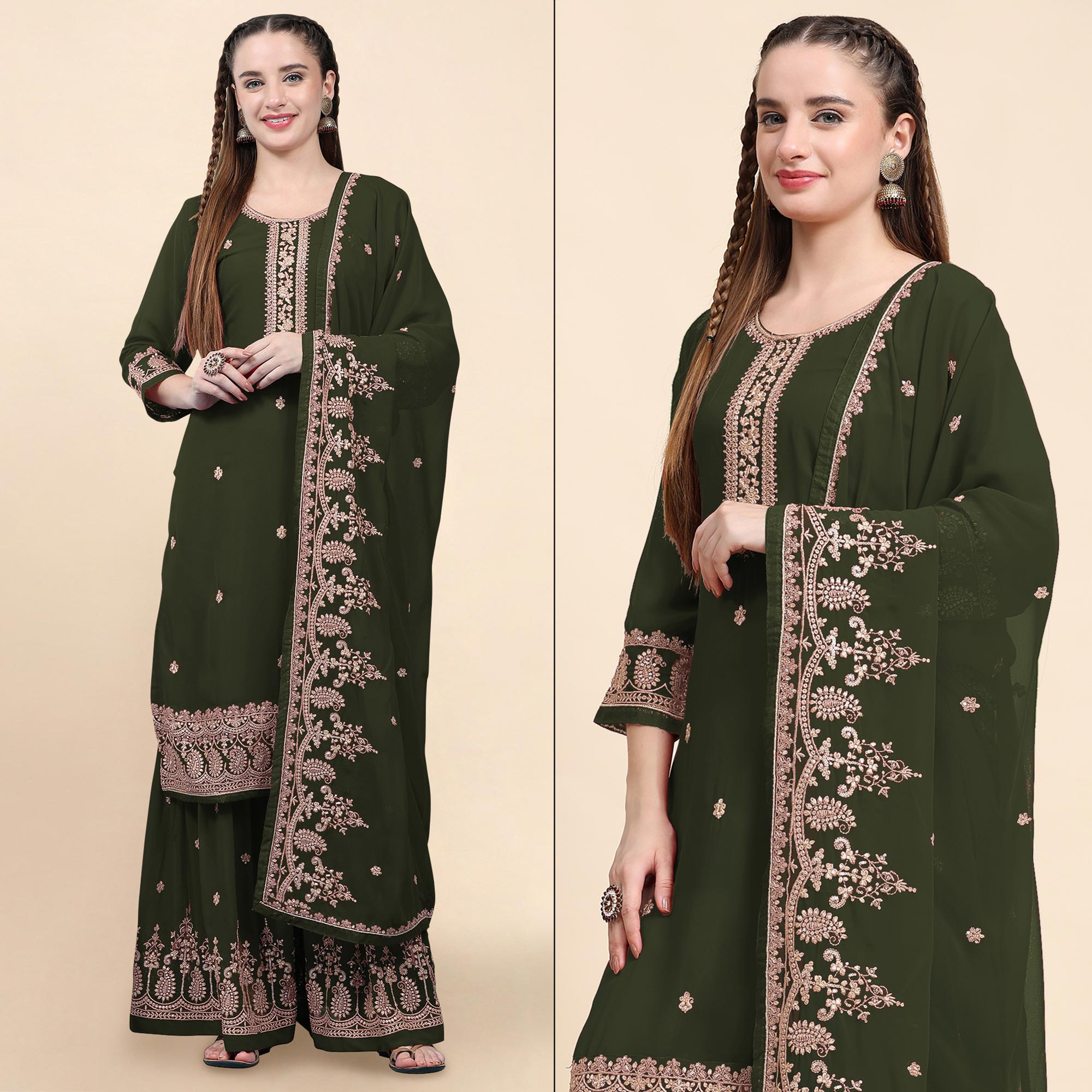 Green Floral Embroidered Georgette Semi Stitched Suit
