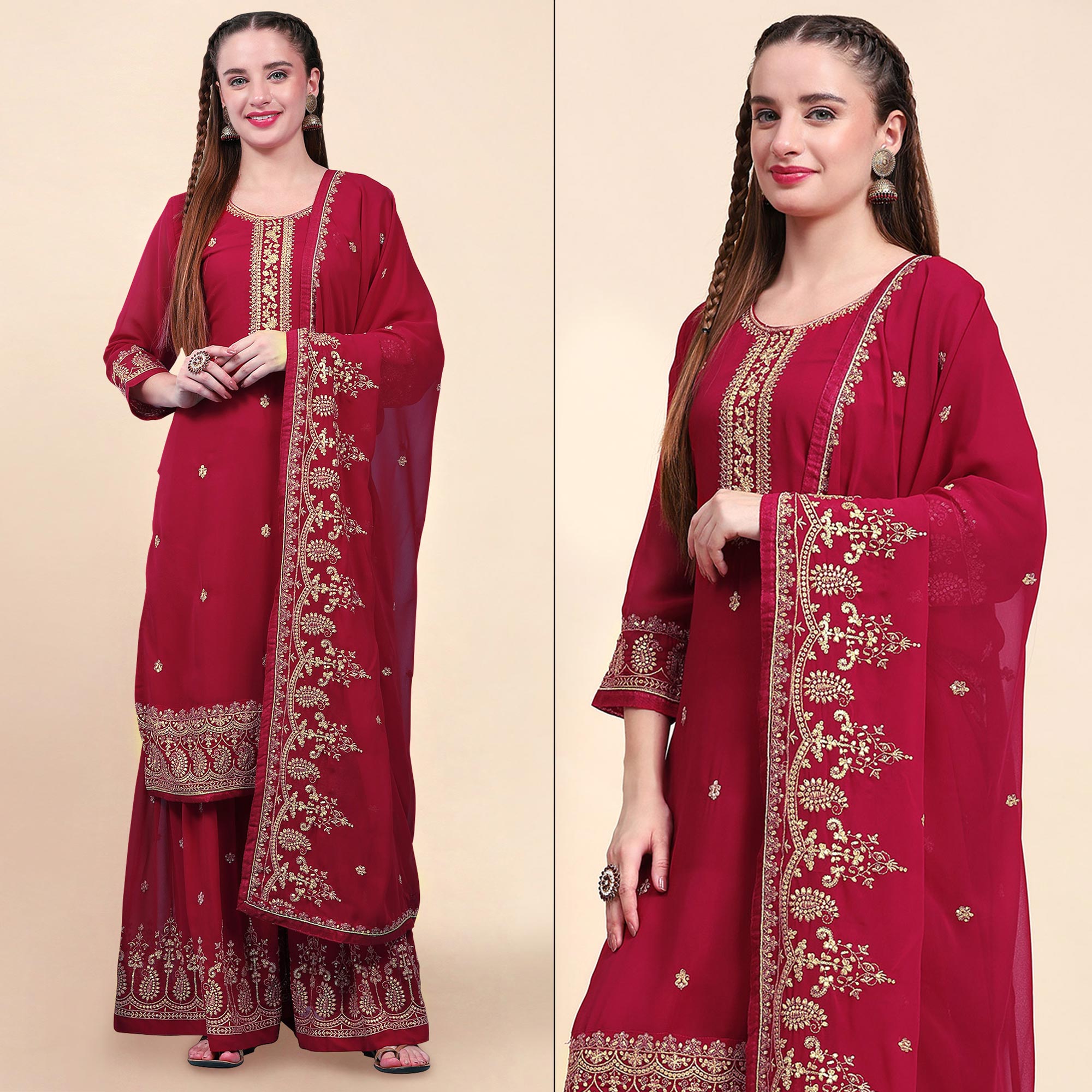 Maroon Floral Embroidered Georgette Semi Stitched Suit