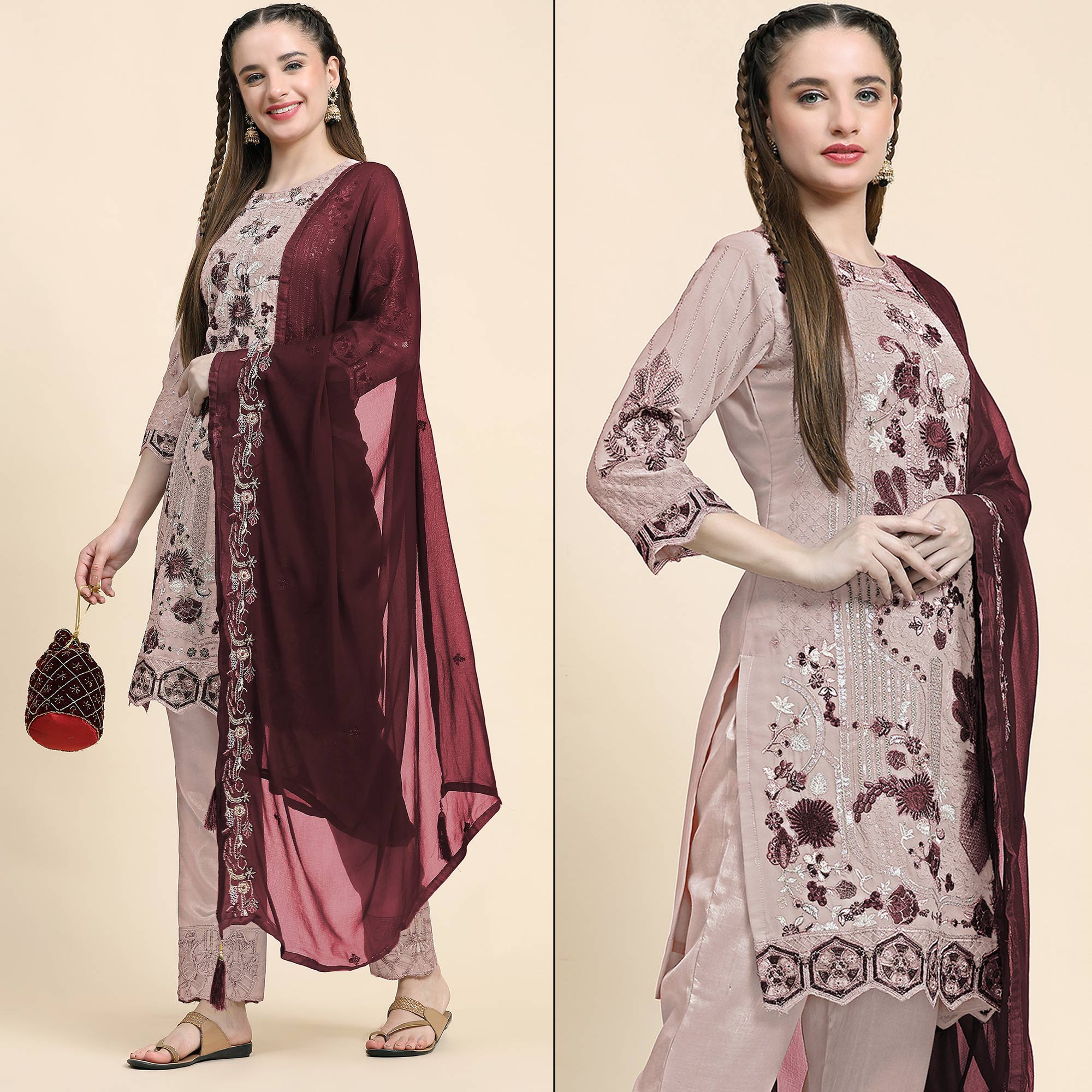 Beige Floral Embroidered Georgette Semi Stitched Pakistani Suit