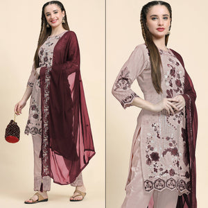 Beige Floral Embroidered Georgette Semi Stitched Pakistani Suit