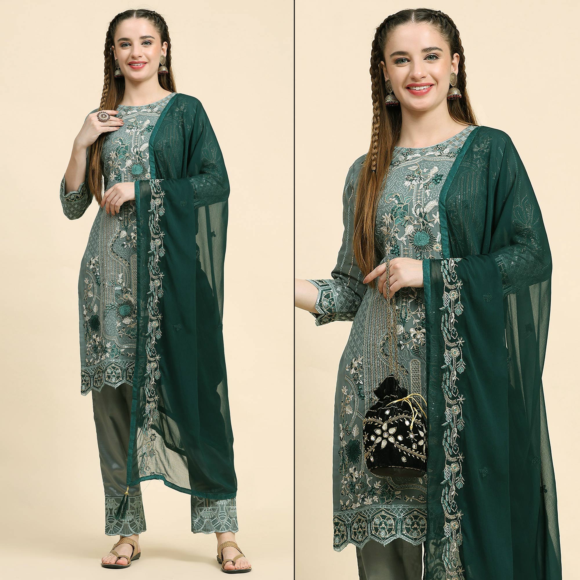 Green Floral Embroidered Georgette Semi Stitched Pakistani Suit