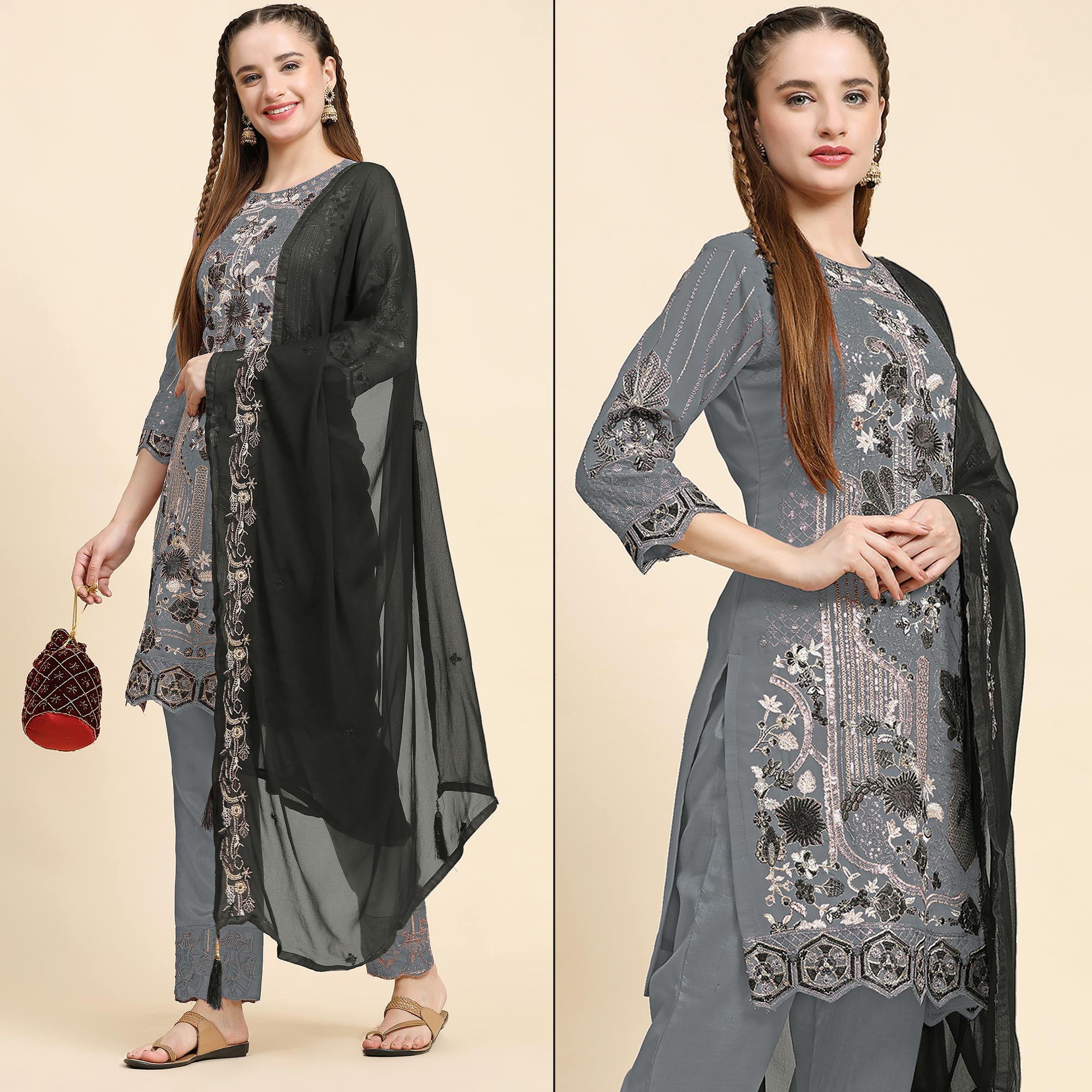 Grey Floral Embroidered Georgette Semi Stitched Pakistani Suit