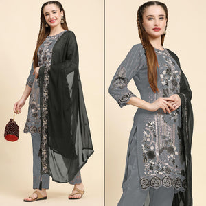 Grey Floral Embroidered Georgette Semi Stitched Pakistani Suit