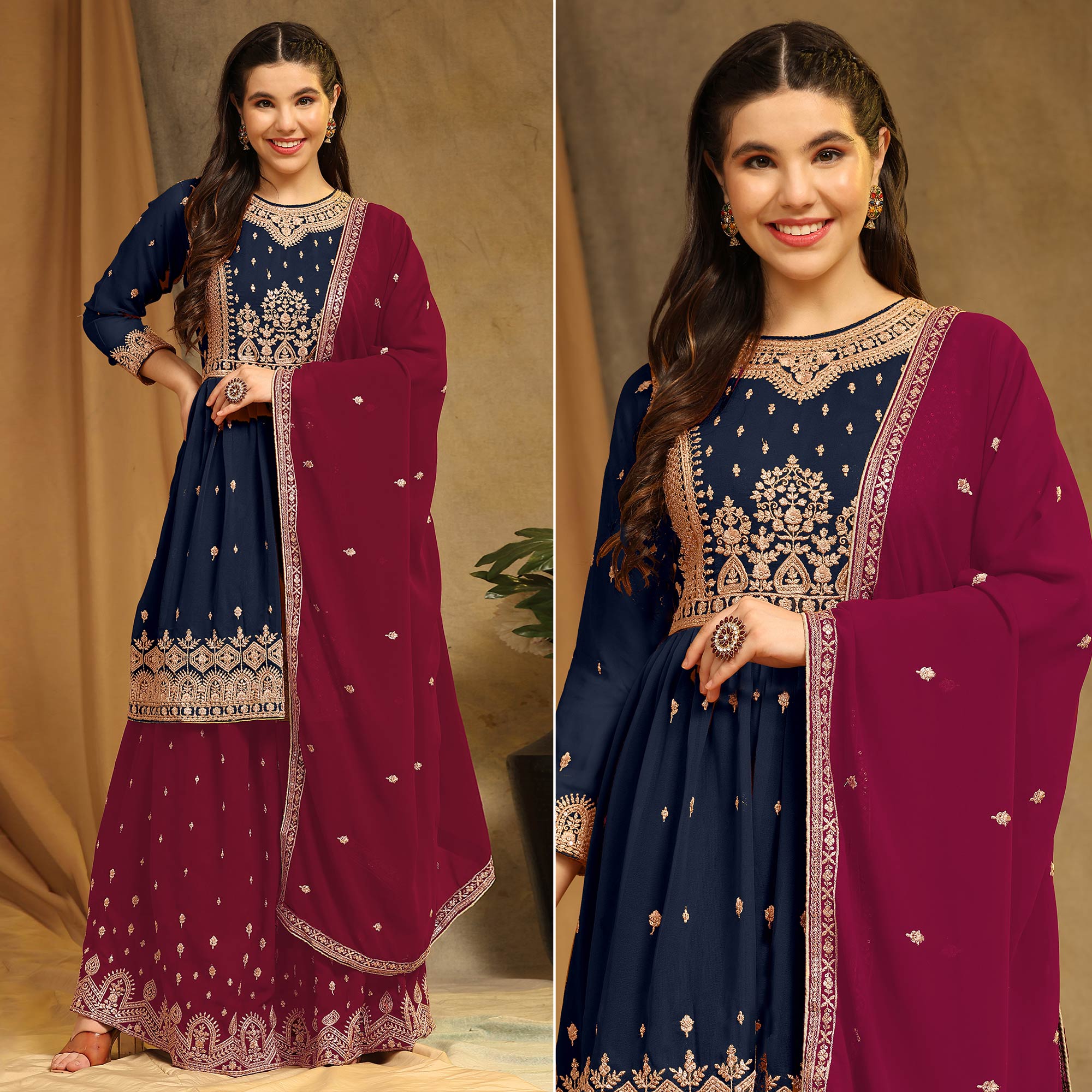 Blue Floral Embroidered Georgette Semi Stitched Sharara Suit