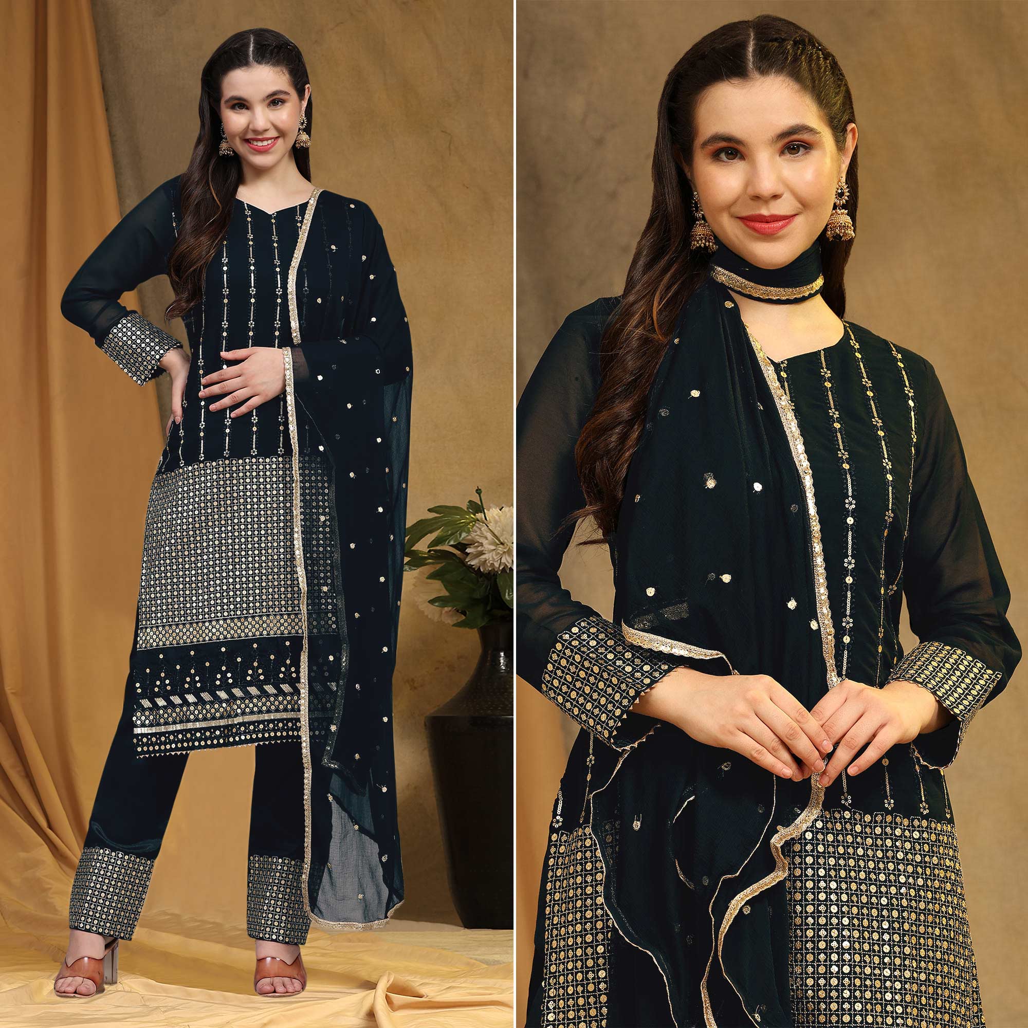 Black Sequins Embroidered Georgette Semi Stitched Salwar Suit