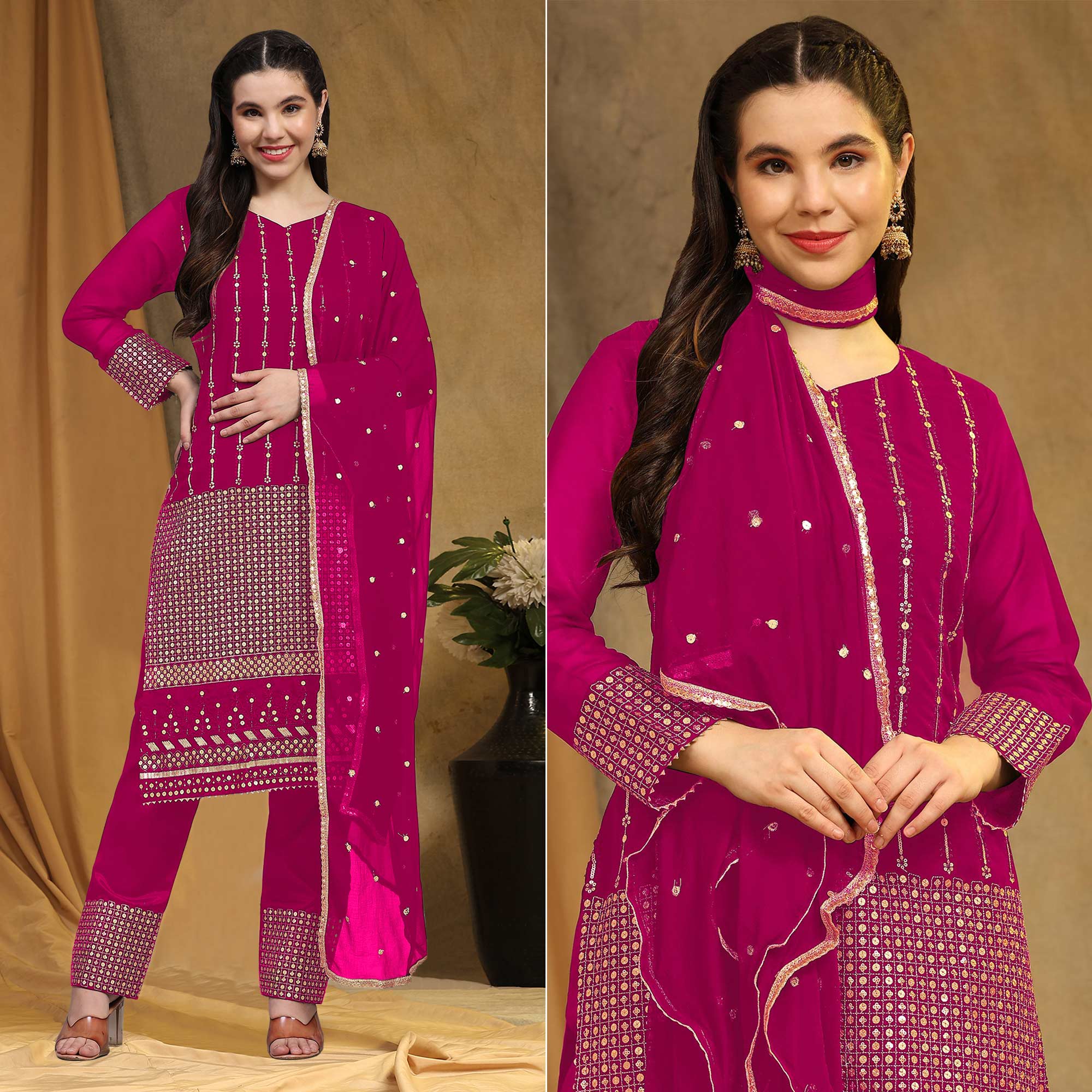 Rani Pink Sequins Embroidered Georgette Semi Stitched Salwar Suit