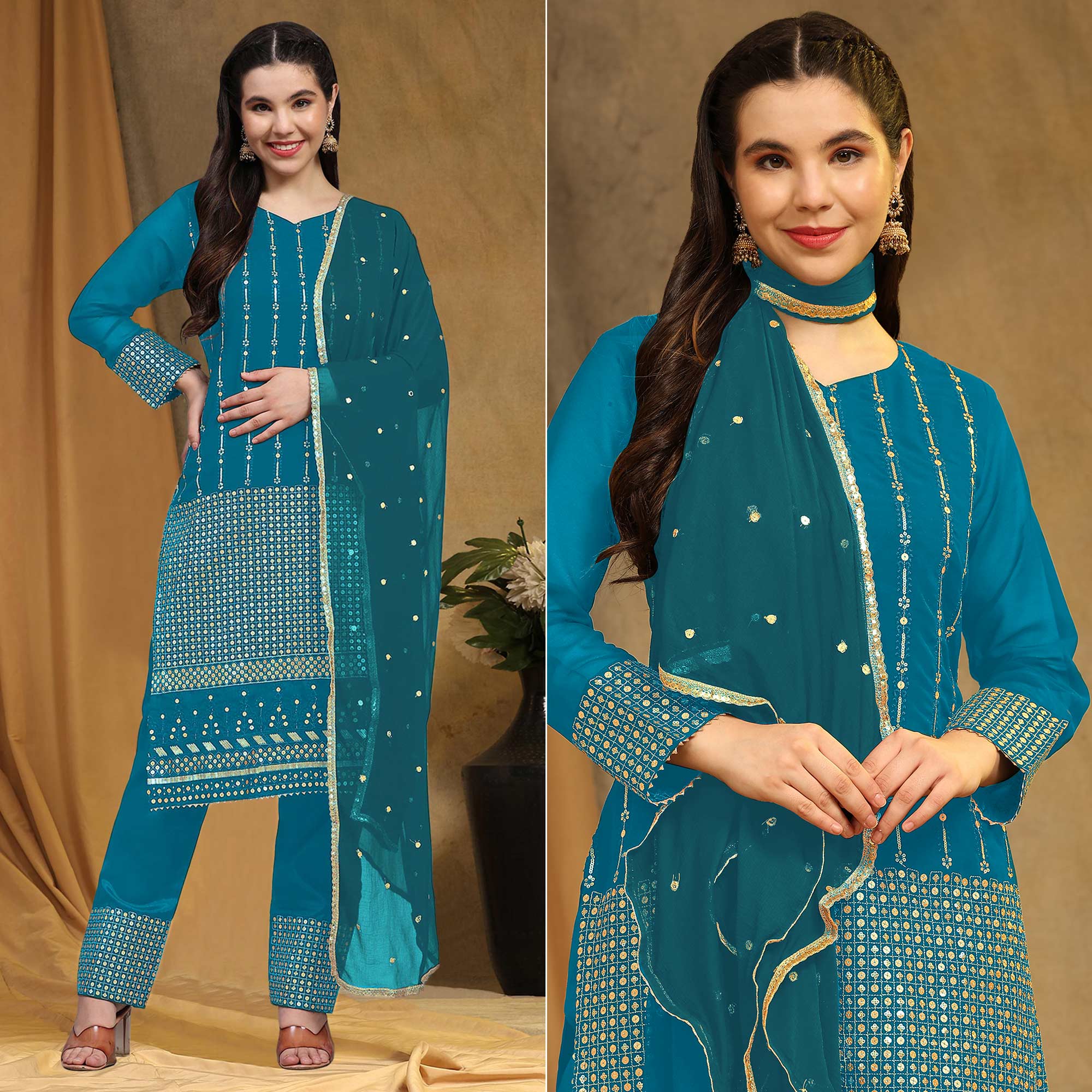 Rama Blue Sequins Embroidered Georgette Semi Stitched Salwar Suit