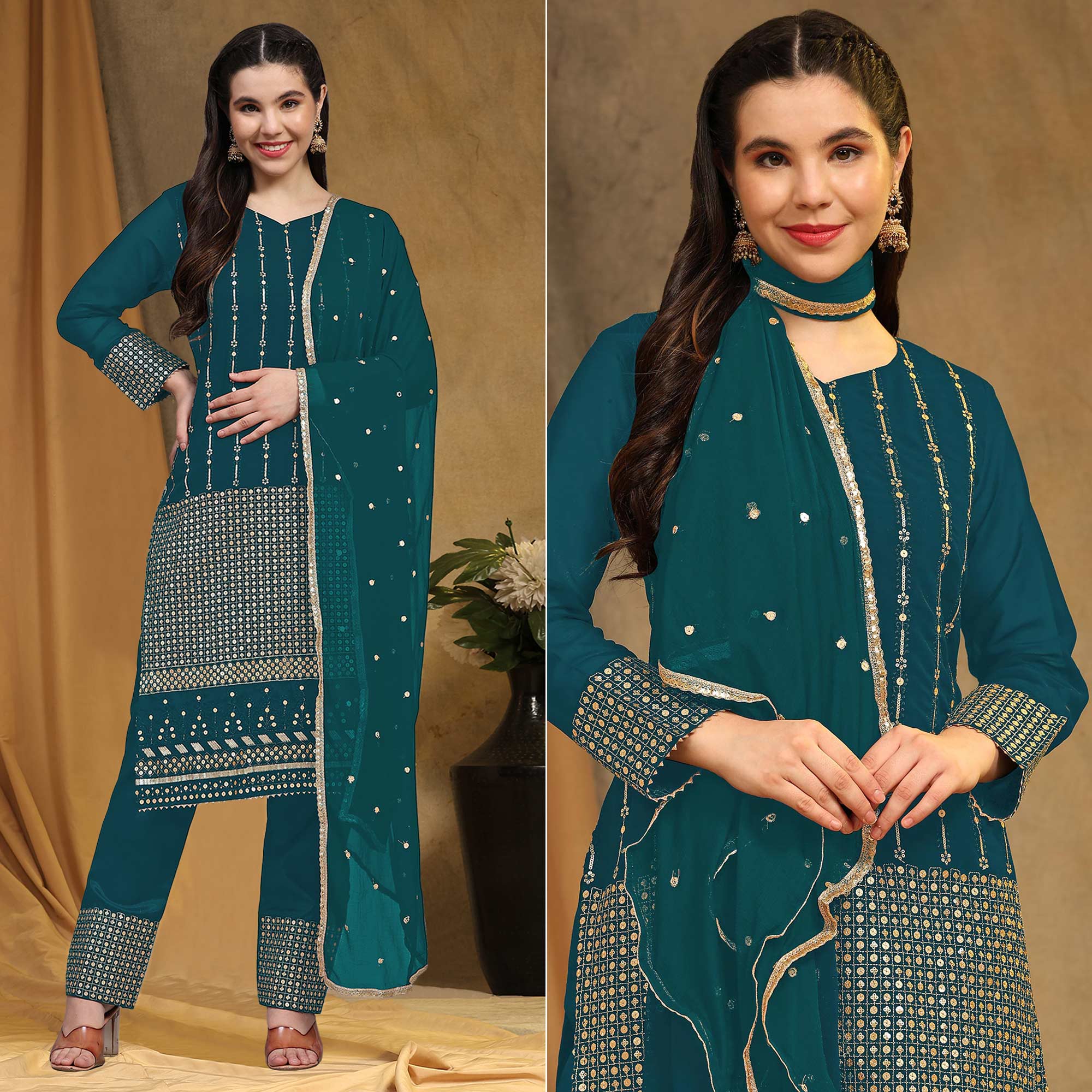 Rama Green Sequins Embroidered Georgette Semi Stitched Salwar Suit