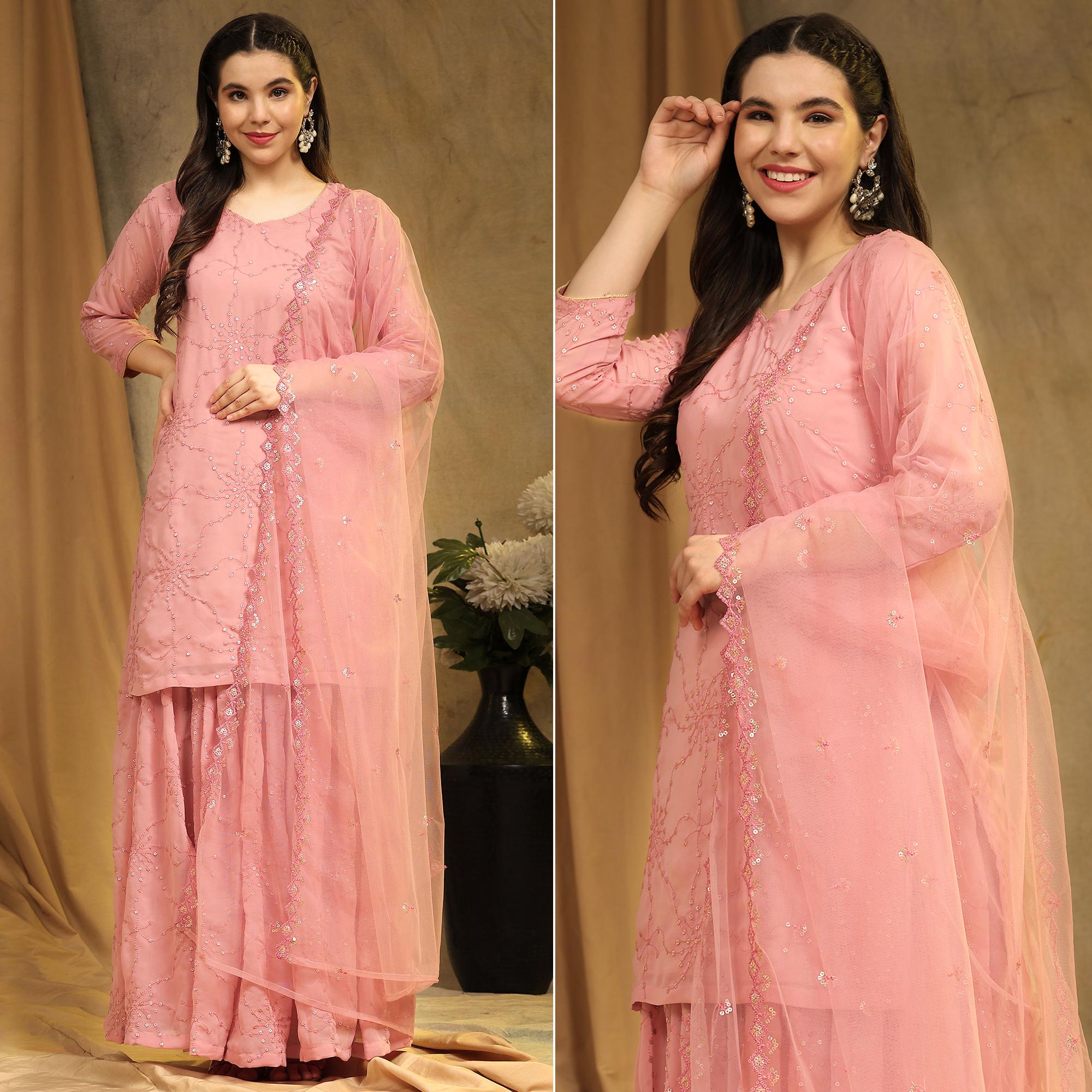Peach Embroidered Georgette Semi Stitched Sharara Suit