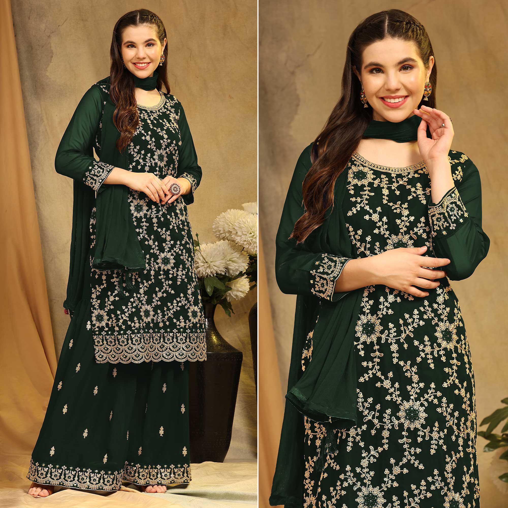Bottle Green Floral Embroidered Georgette Semi Stitched Suit